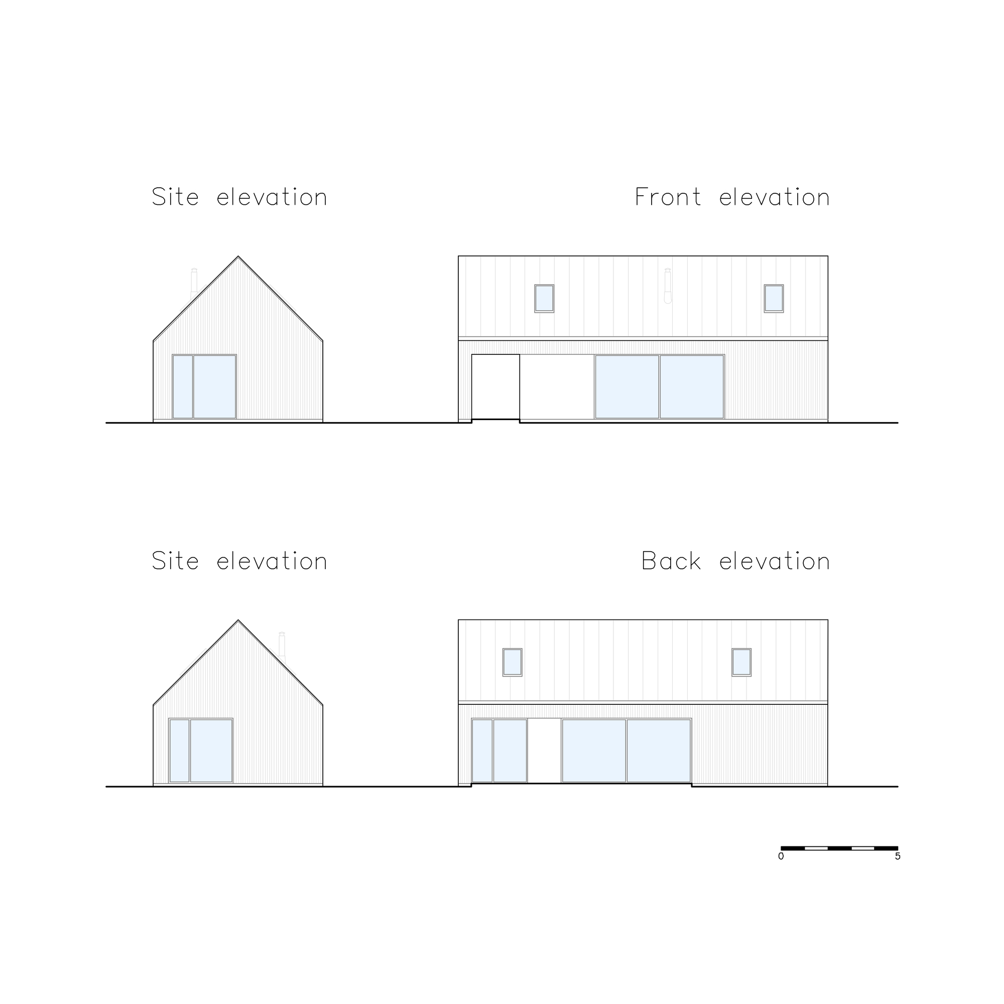 Elevation drawings showing front, back, and site views with pitched roof and flat roof volumes