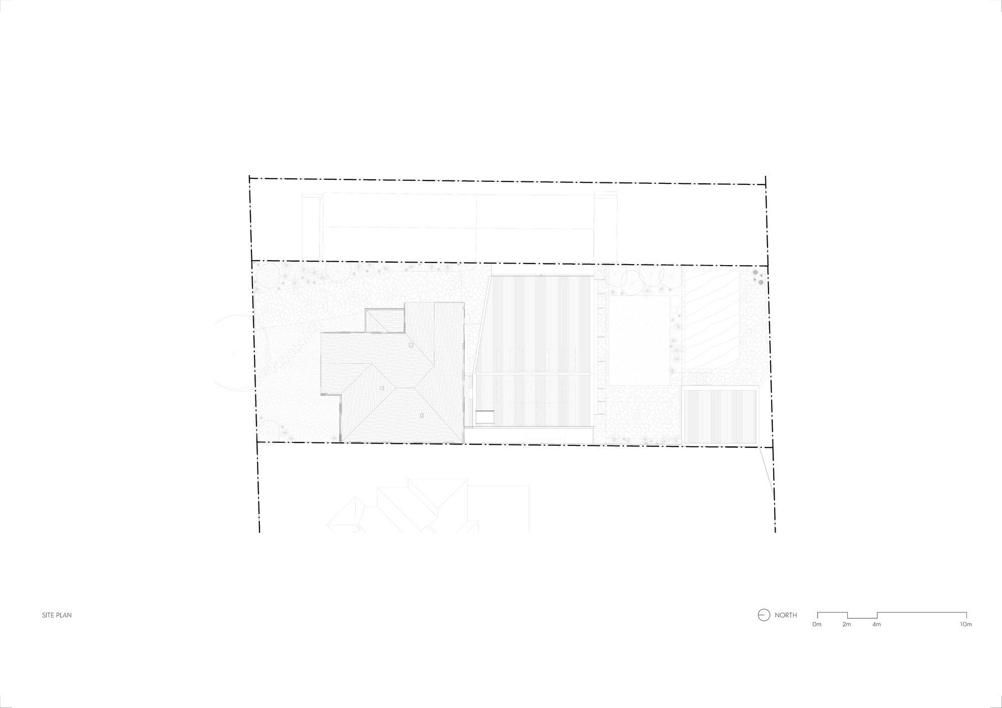 Site plan drawing showing a rectangular footprint with a central pool area flanked by enclosed spaces