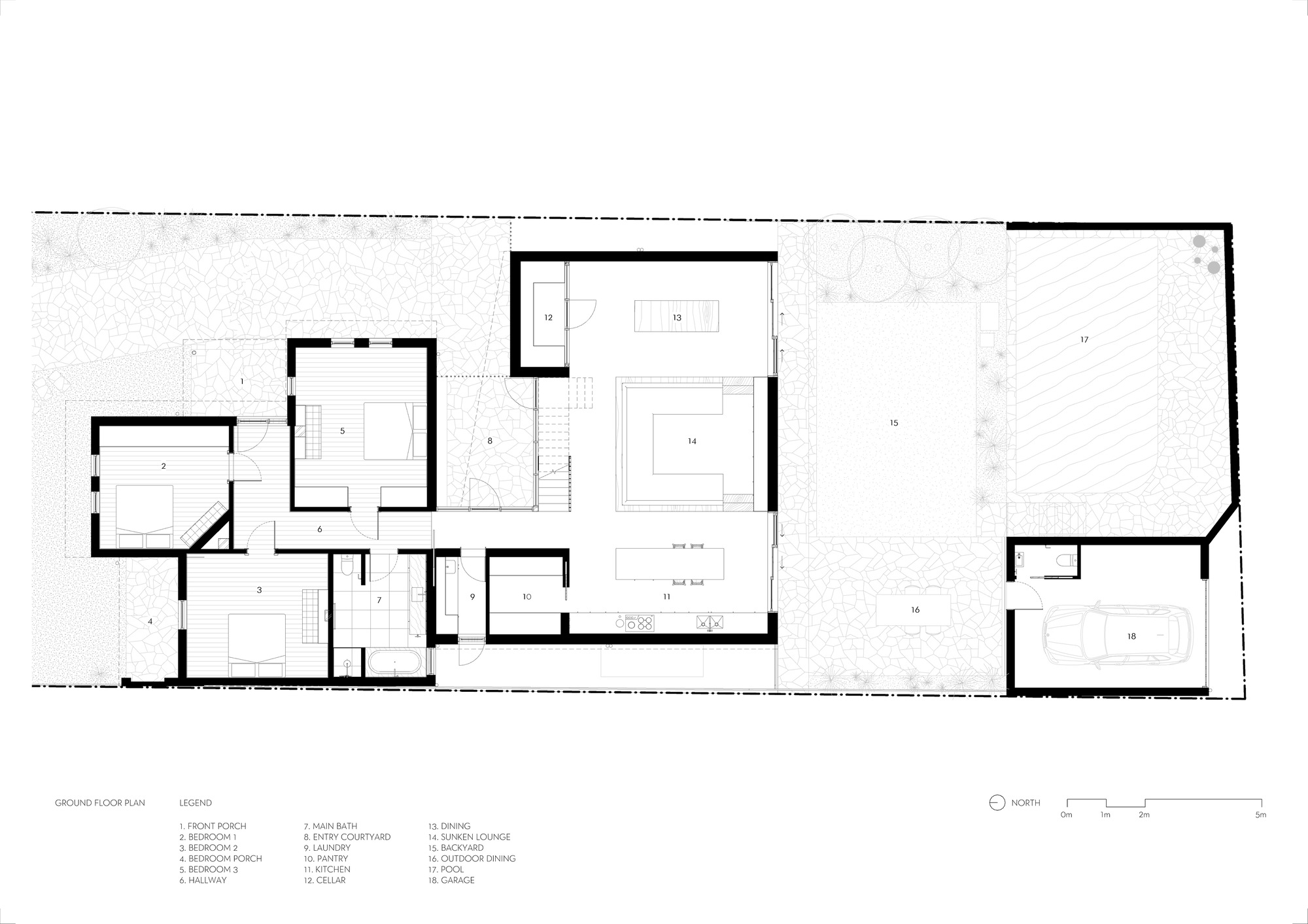 Ground floor plan drawing showing living areas, bedrooms, and a large open courtyard or deck