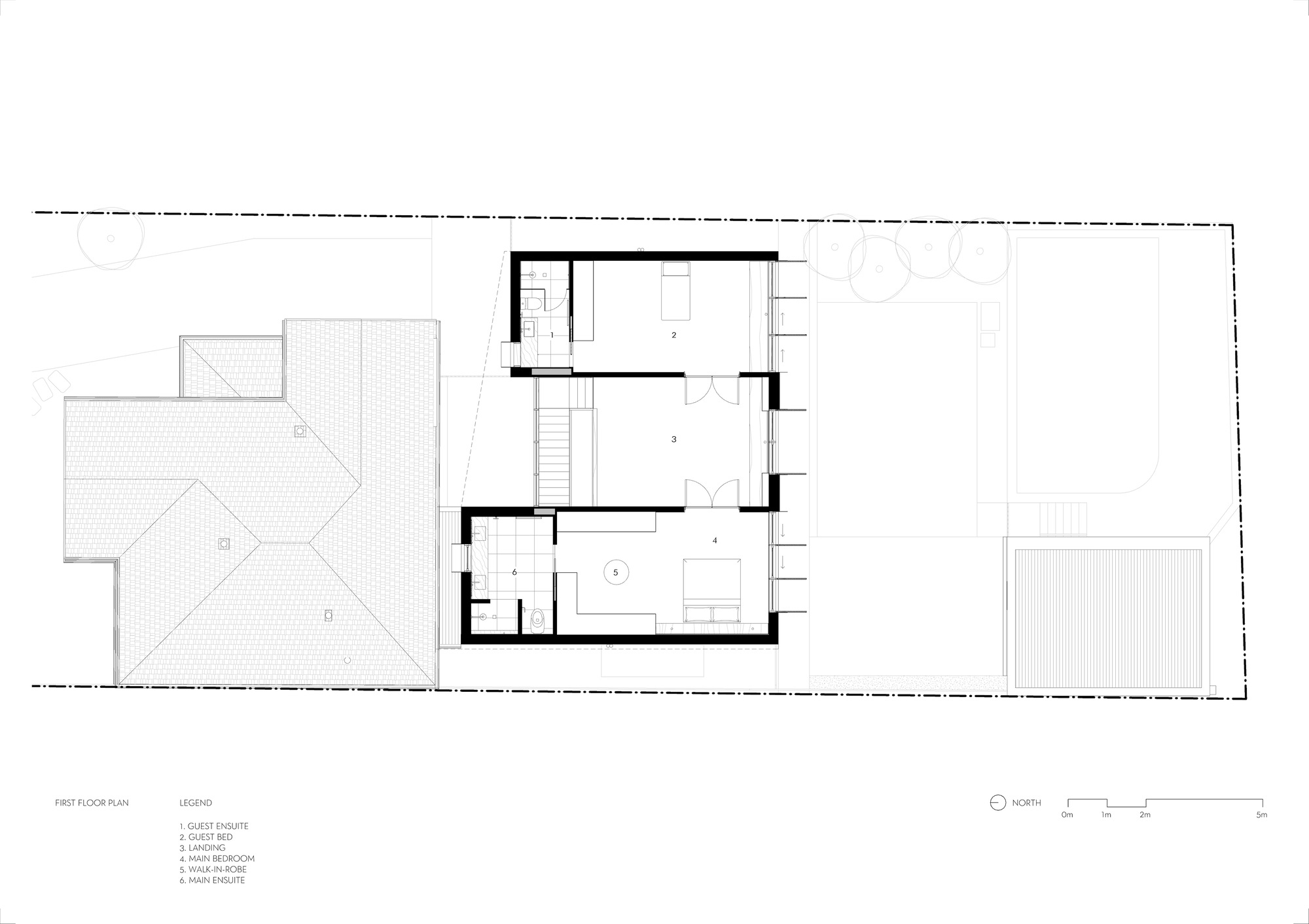 First floor plan drawing showing guest rooms and a covered outdoor terrace with angled roof