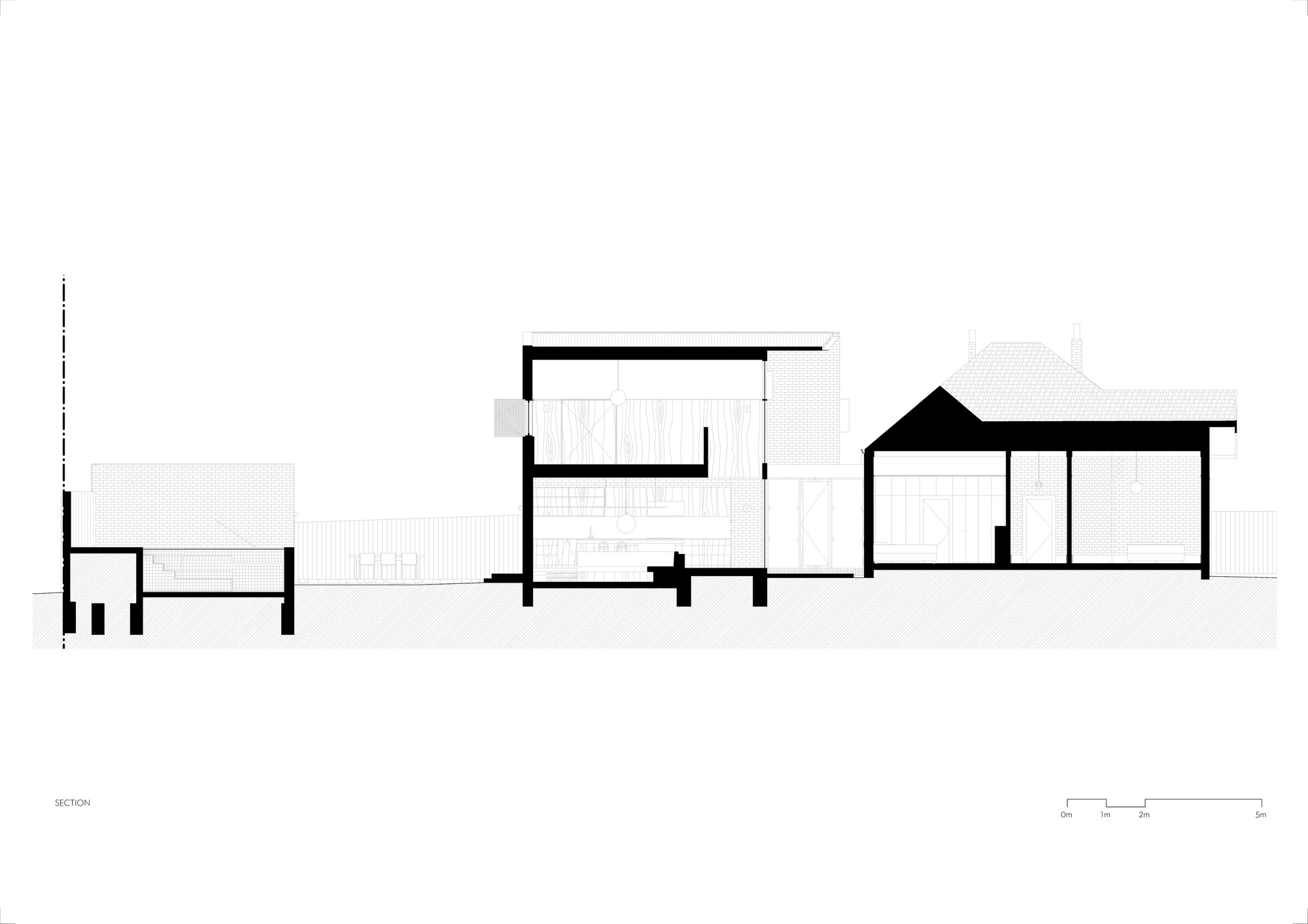 Section drawing revealing split levels, pitched roofs, and interior volumes across connected pavilions