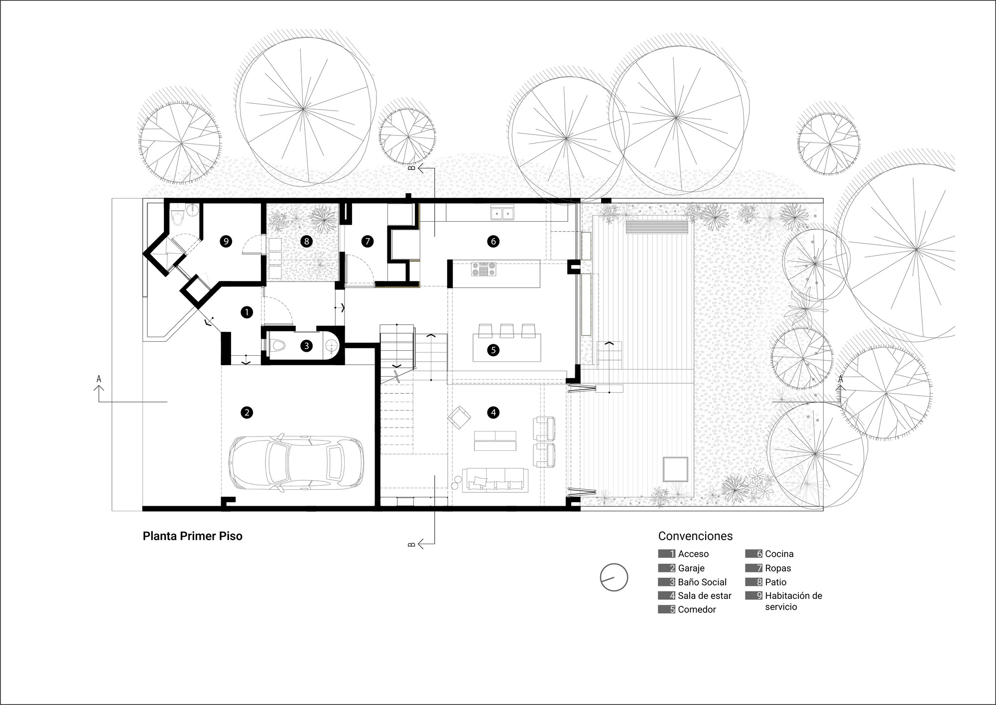 Floor plan drawing showing garage, living spaces, and outdoor terrace with tree canopies