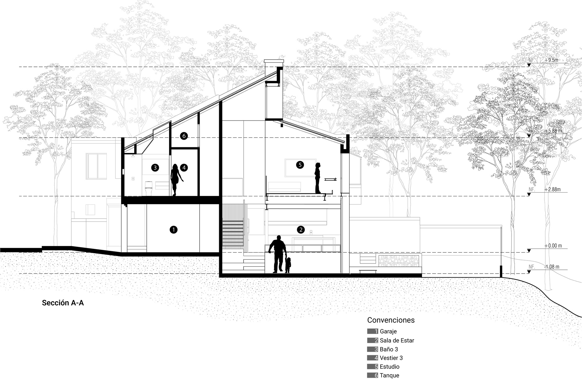 Section drawing revealing split-level spaces connected by stairs with human figures and trees in silhouette