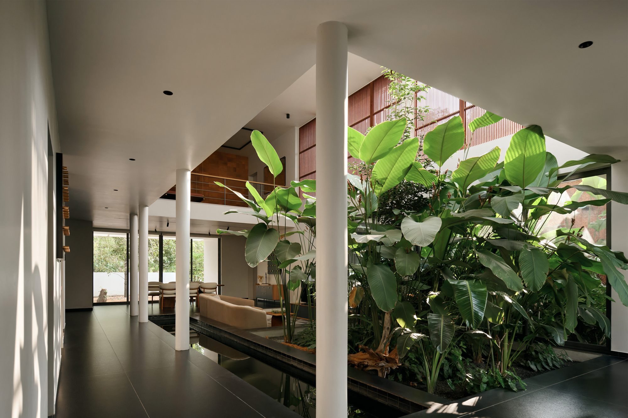 Interior planted bed with banana palms and tropical foliage surrounded by white columns and dark flooring