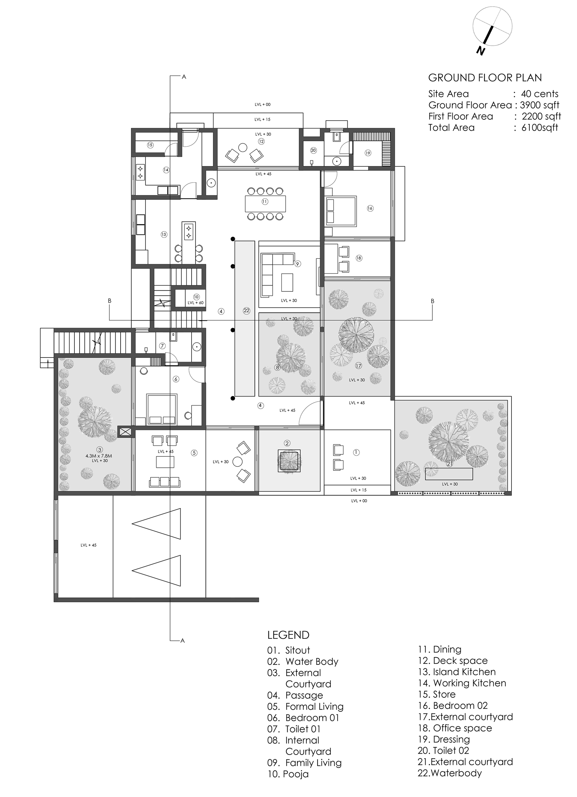 Ground floor plan drawing showing living spaces organized around multiple internal and external courtyards