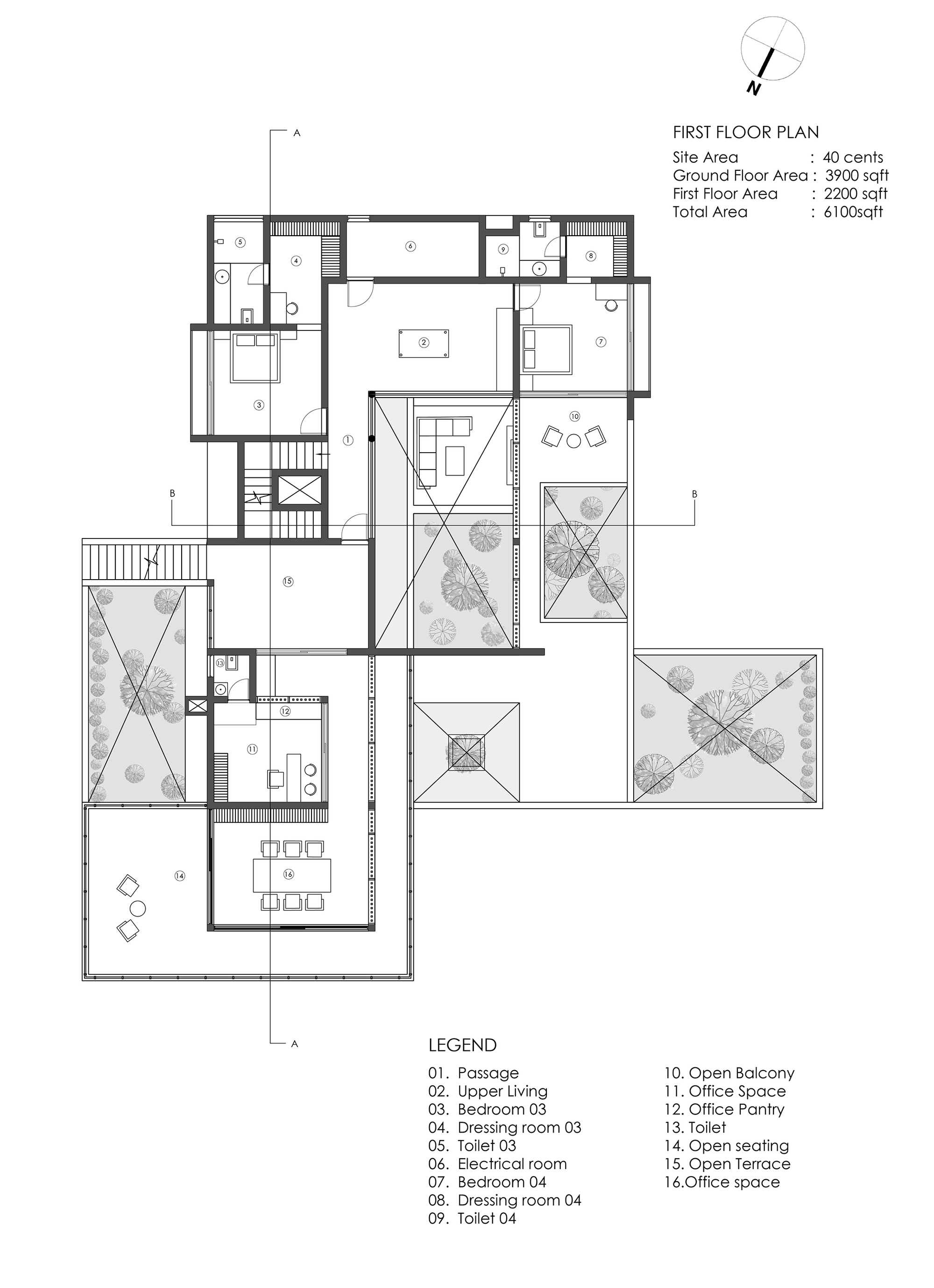First floor plan drawing showing bedroom suites and office spaces with planted terrace voids