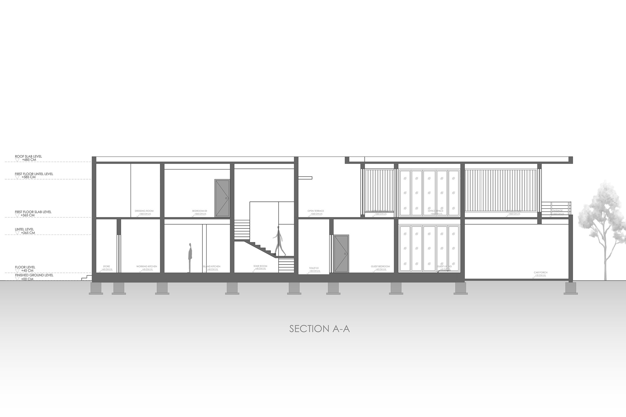 Section drawing through the two-story residence showing spatial relationships and vertical timber screening
