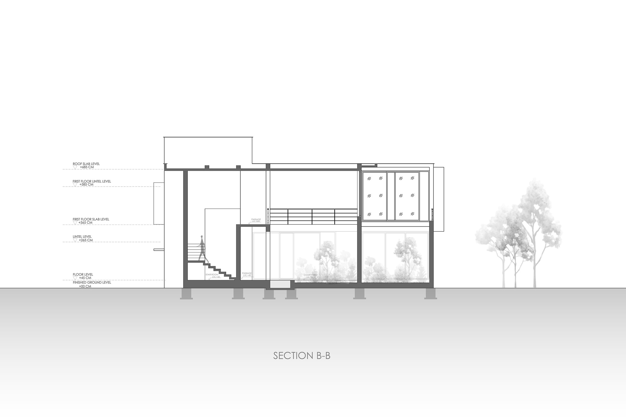 Section drawing through double-height spaces revealing interior staircase and adjacent tree silhouettes