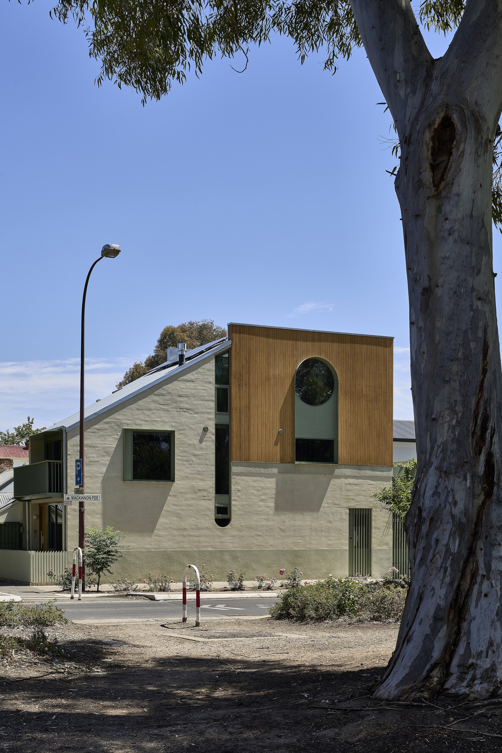 View from park showing timber upper storey and circular window framed by eucalyptus tree trunk