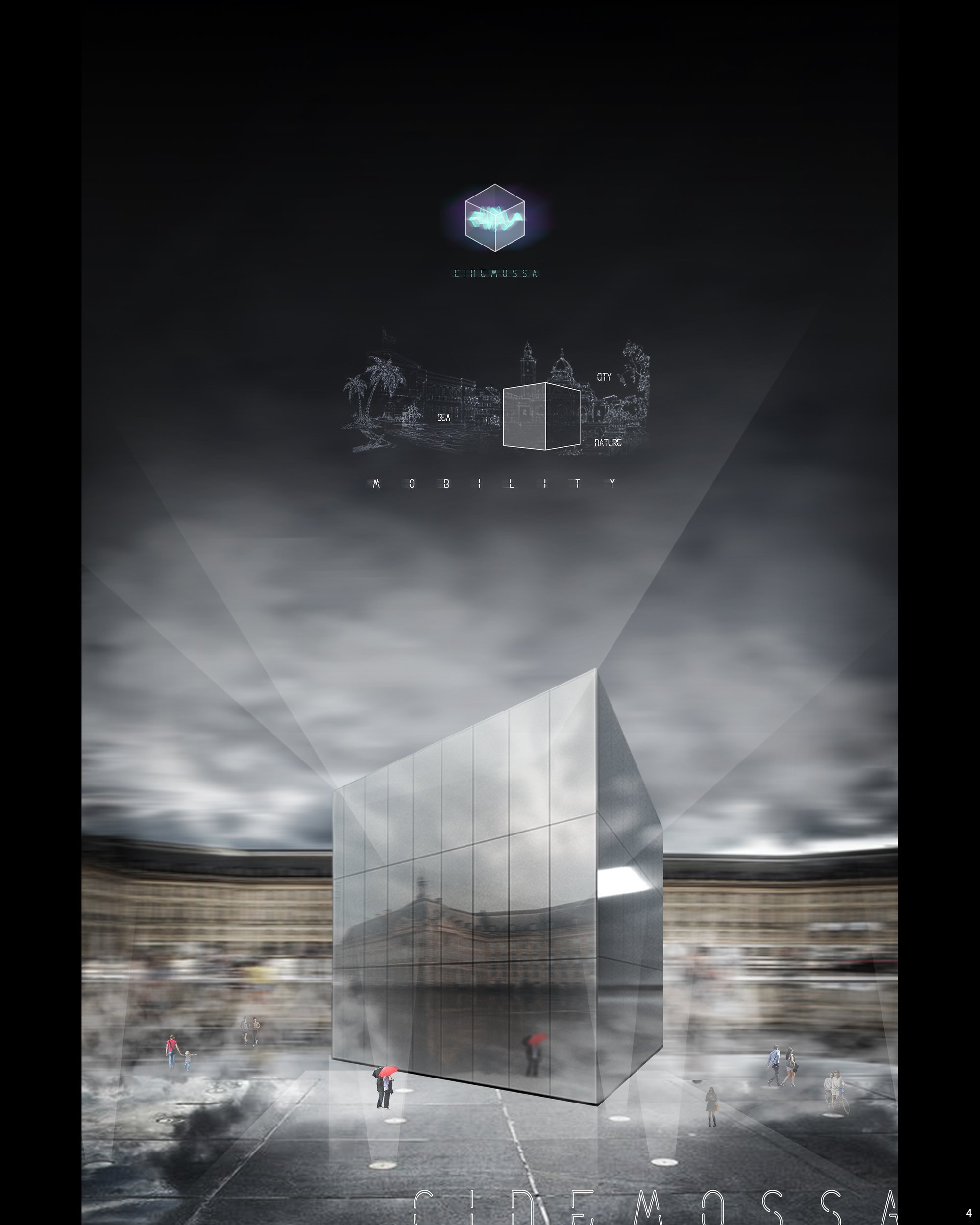The mirrored monolith operates as a universal container for immersive cinema architecture, adaptable across diverse environments.