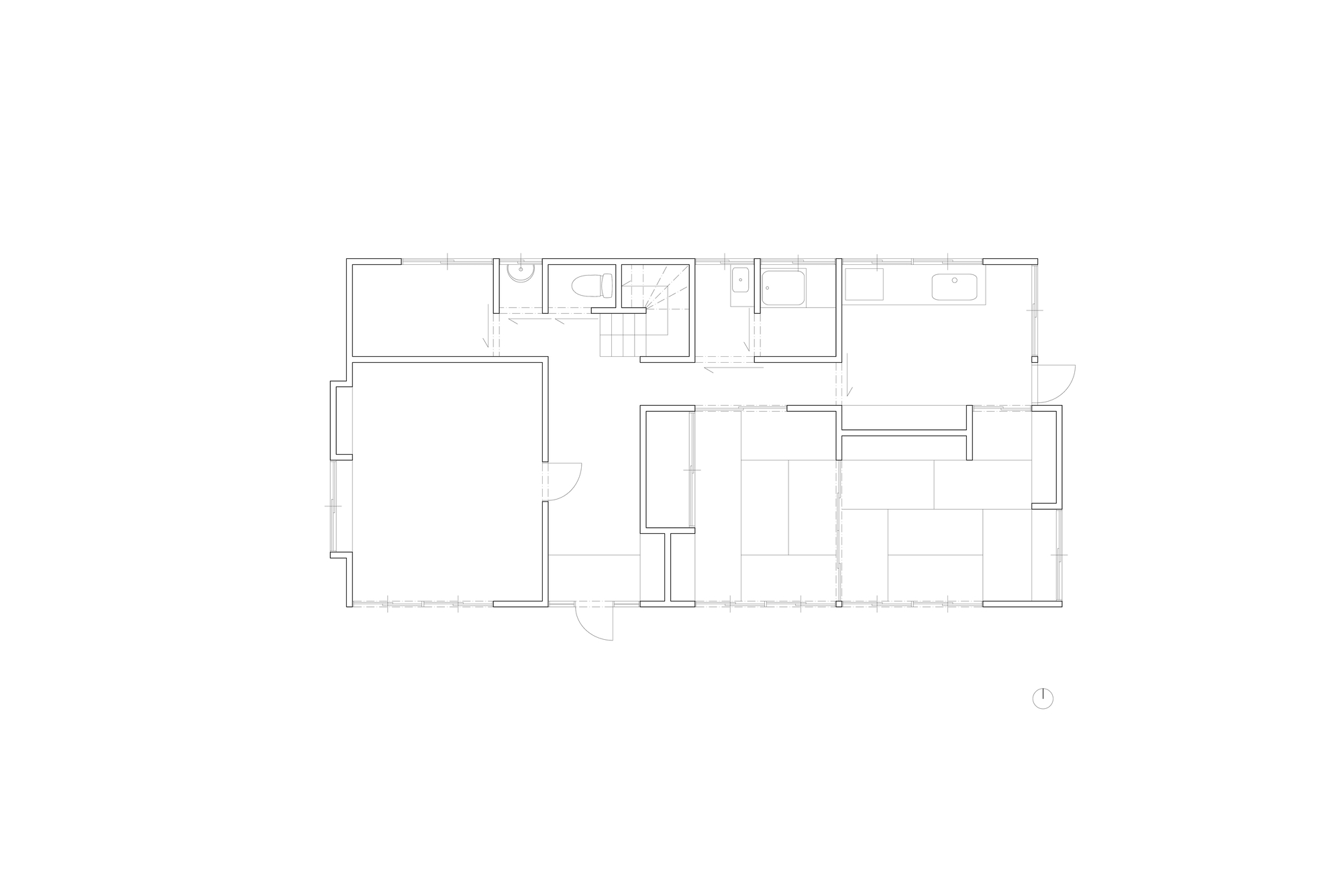 Floor plan drawing illustrating a rectangular residence with subdivided rooms on the right and open area on the left