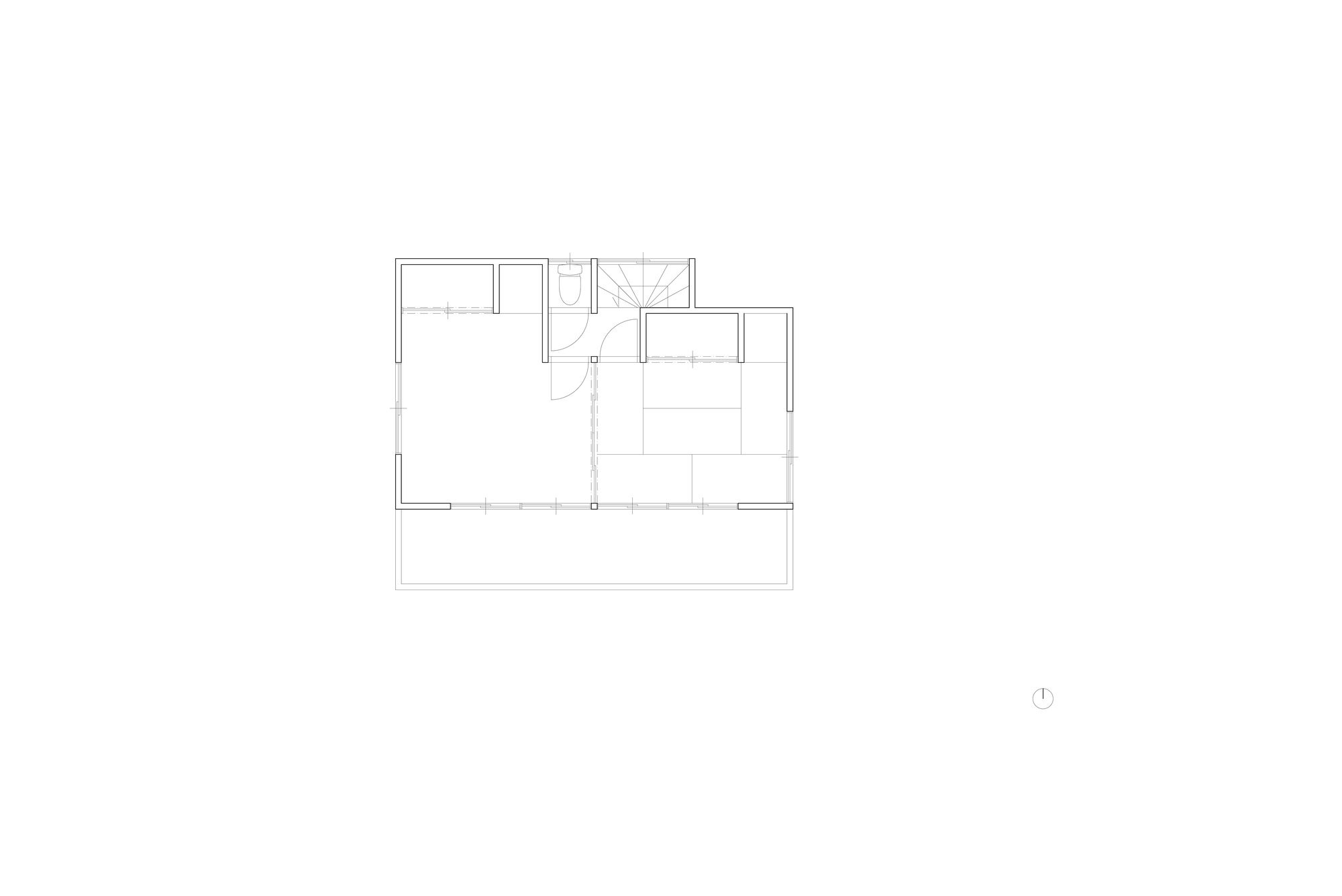 Second floor plan drawing revealing a smaller footprint with stair, bathroom, and cantilevered balcony below