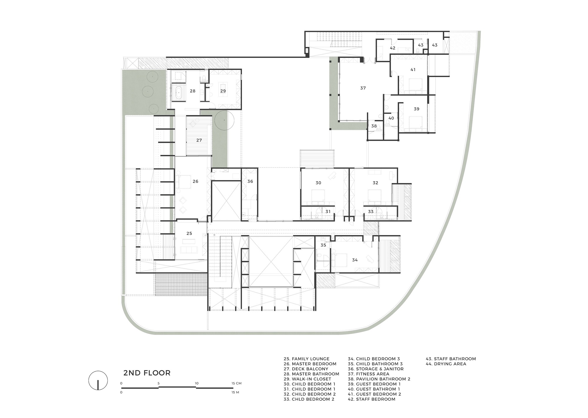 Second floor plan drawing depicting bedroom clusters arranged around a double-height void and balcony