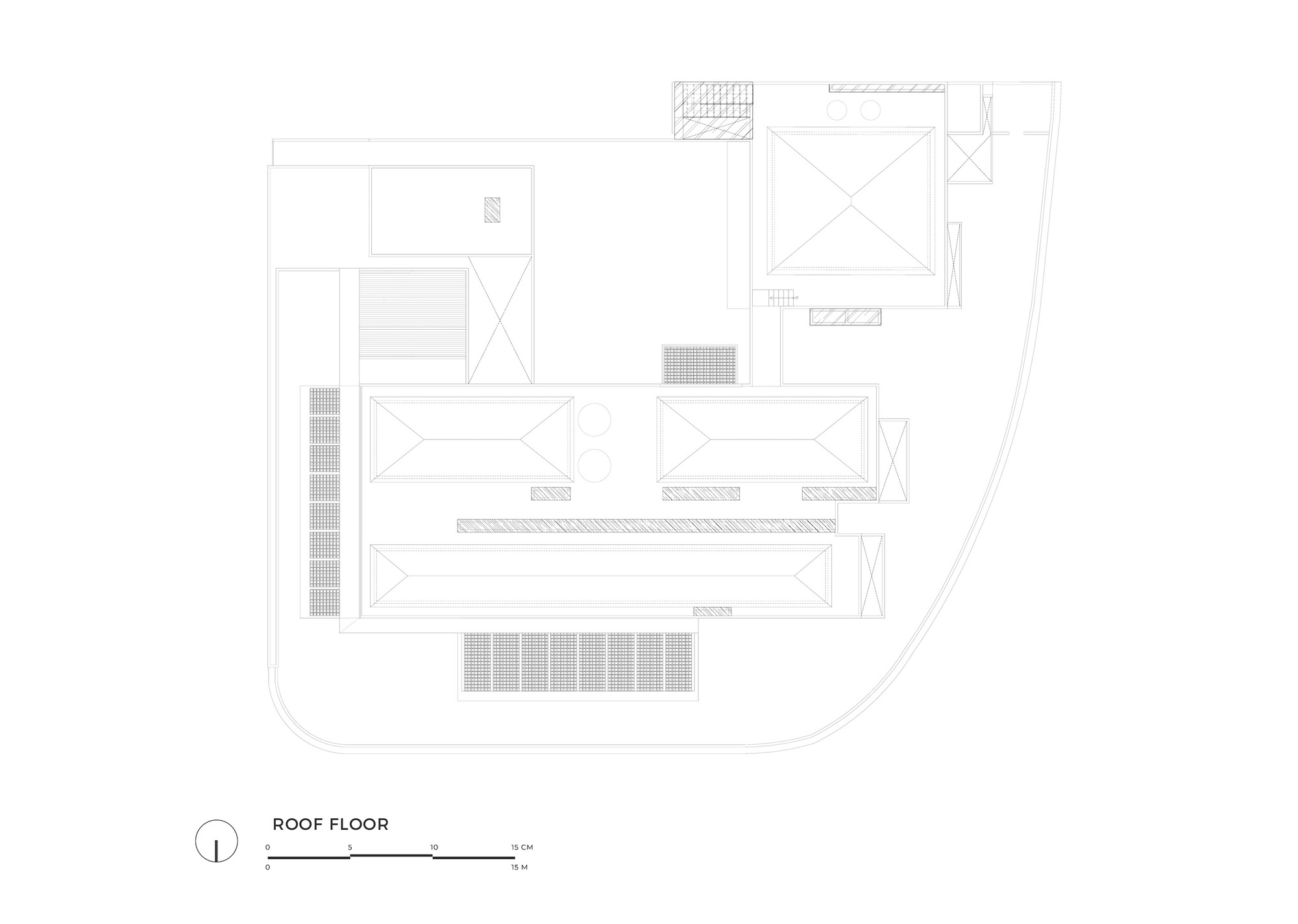 Roof floor plan showing the terracotta tile roof structure and ventilation grilles on the curved plot