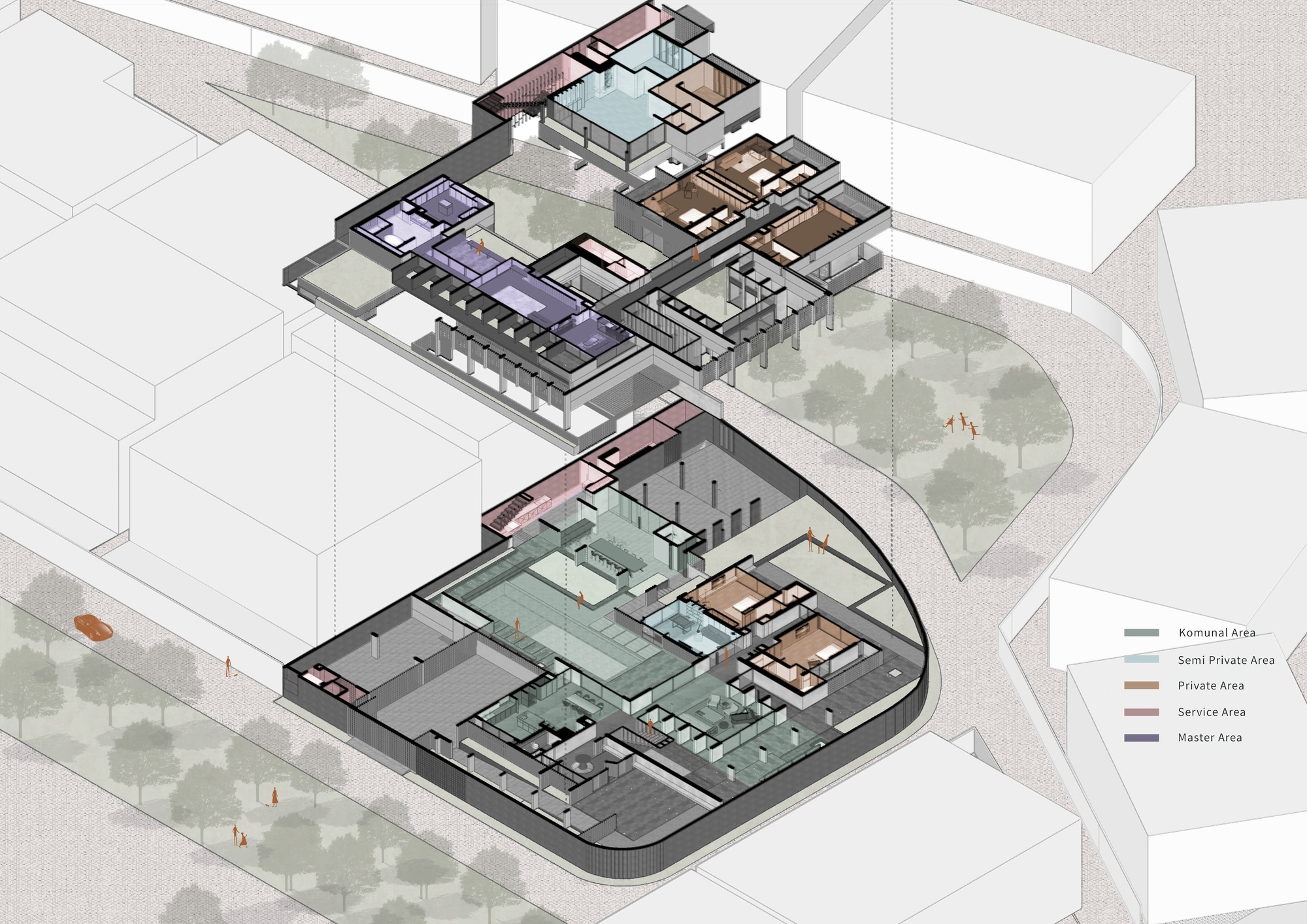 Axonometric drawing of the two-story residence showing zoned areas around courtyards with trees and figures