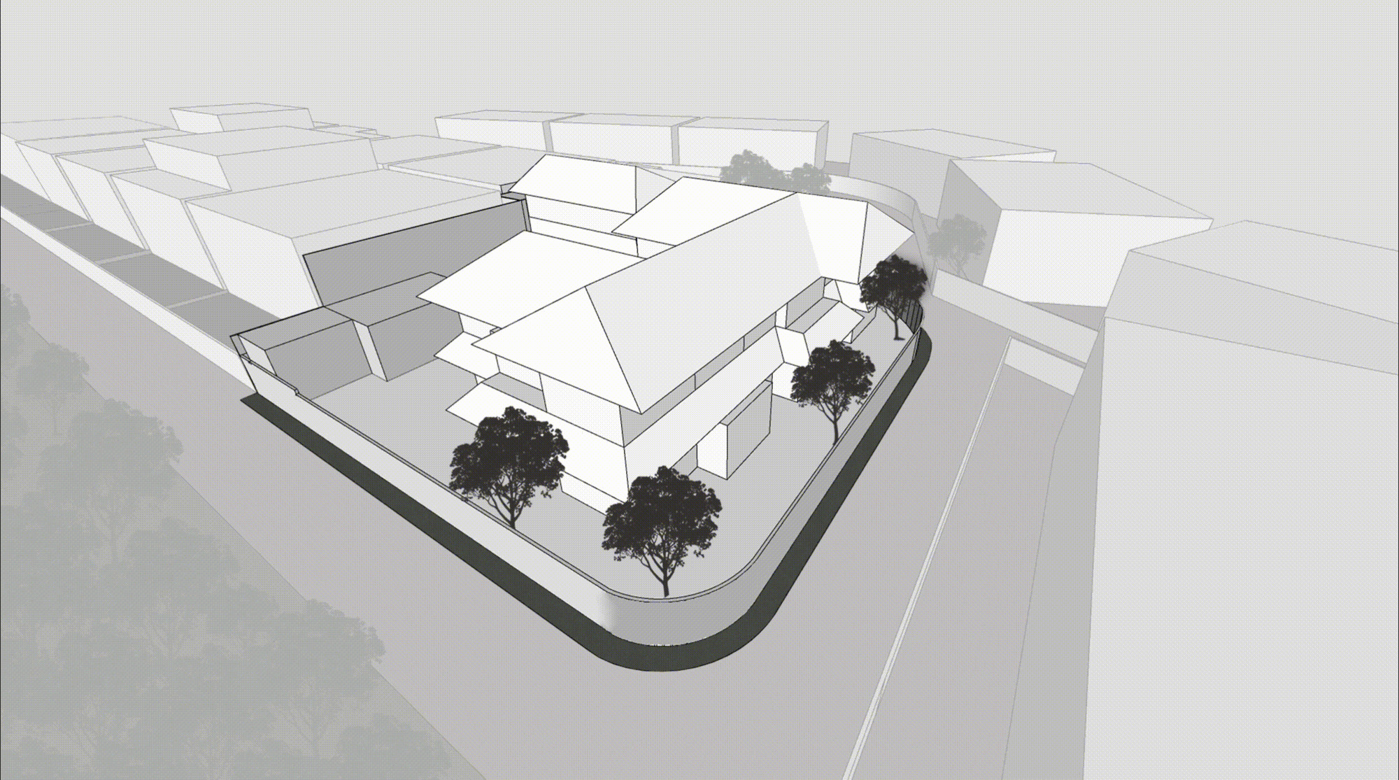 Axonometric drawing showing a residential cluster with courtyards and a row of trees along the street edge