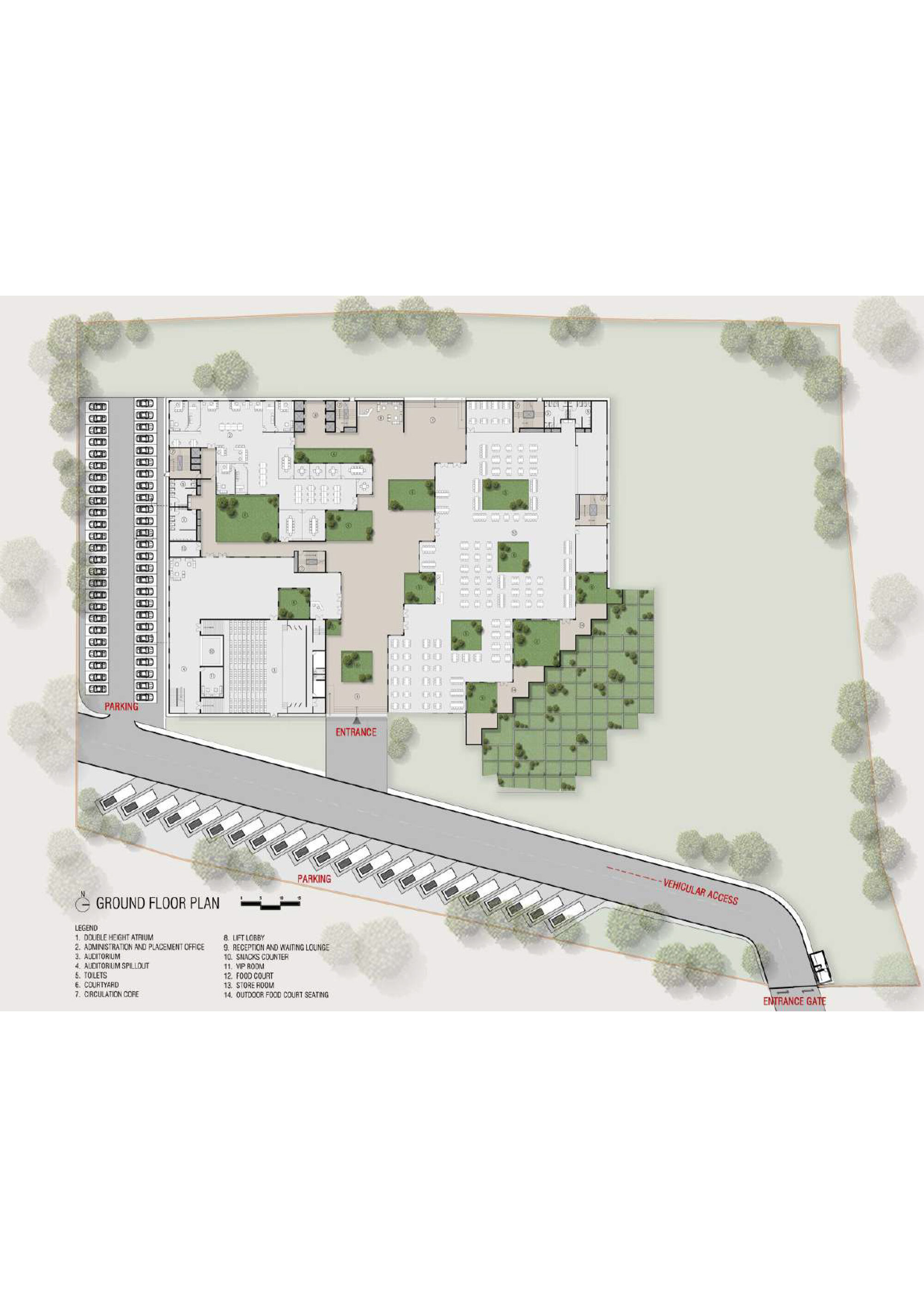Ground floor plan with stepped terraces and green courtyards adjacent to tree-lined street