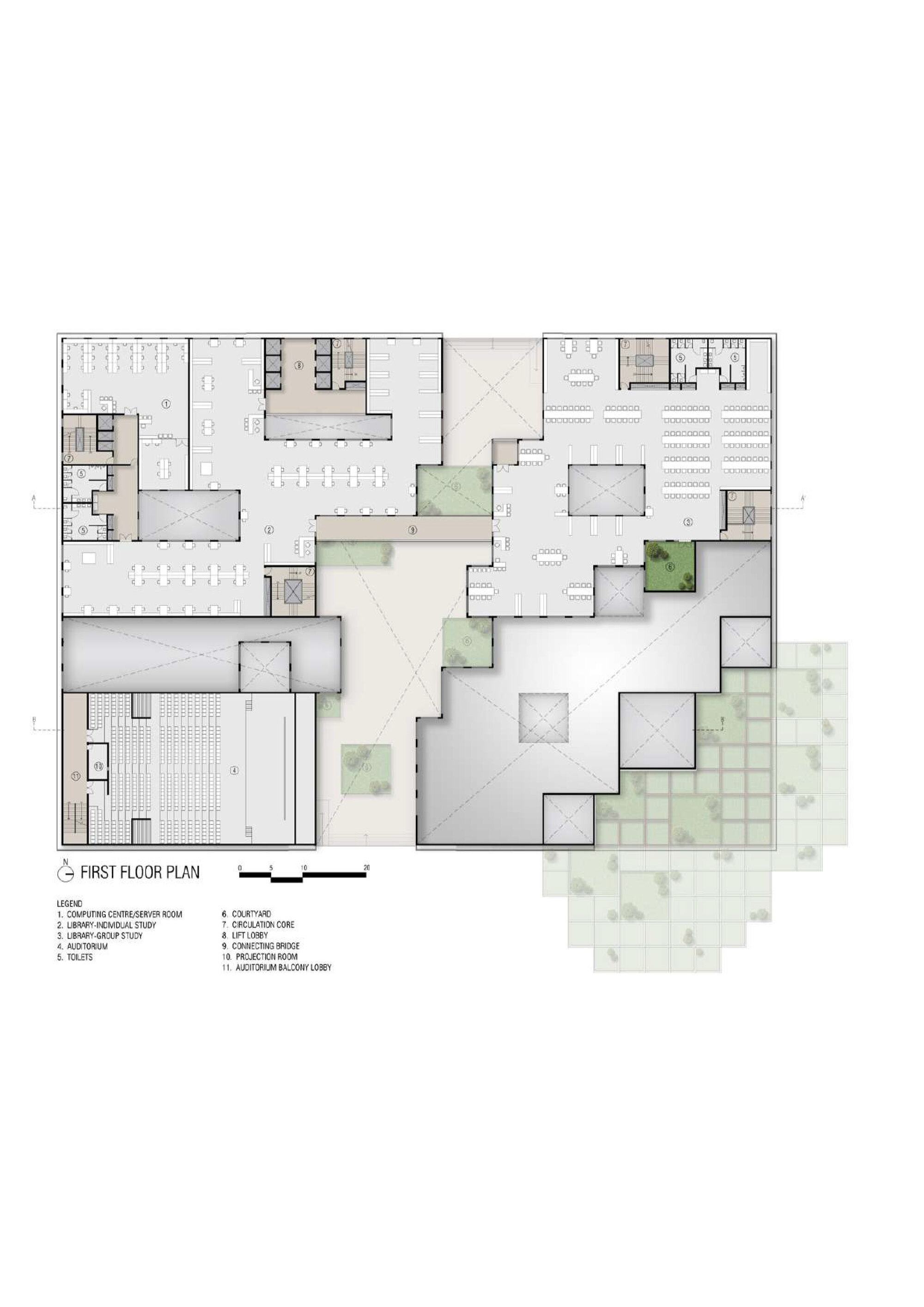 First floor plan showing classrooms and planted courtyards extending into pixelated landscape grid