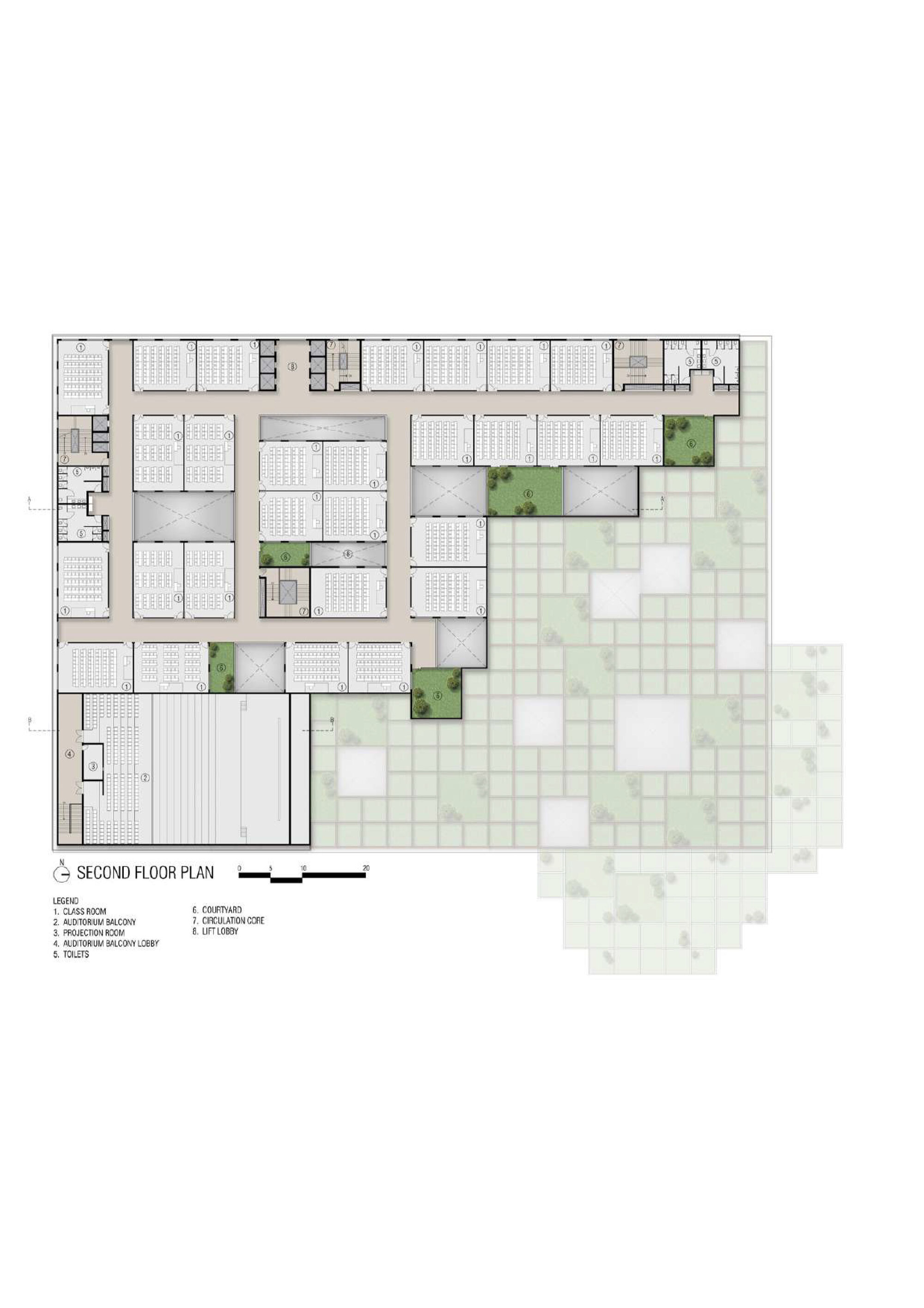 Second floor plan with classrooms arranged around internal courtyards and exterior stepped terrace landscape