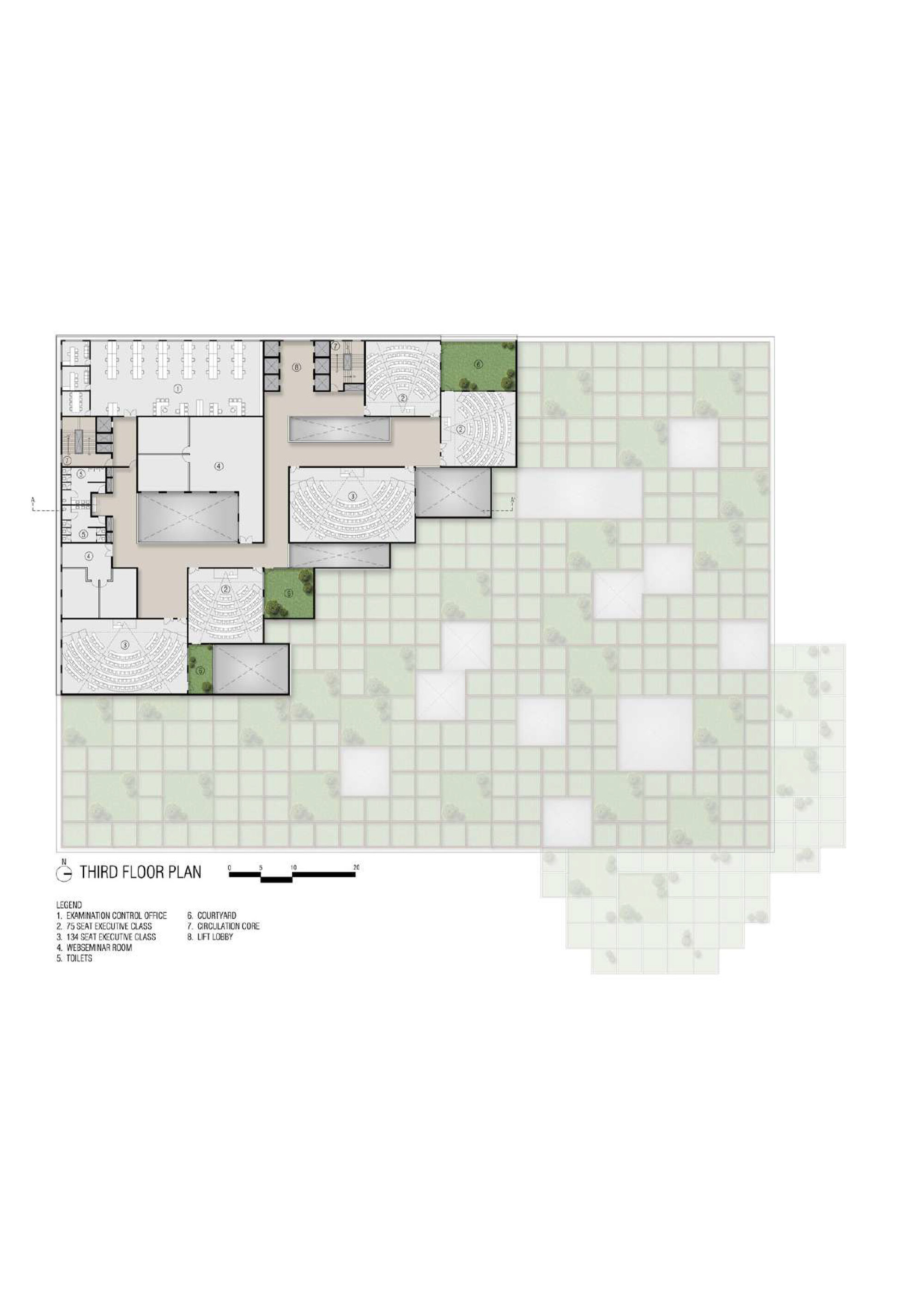 Third floor plan showing reduced building footprint with stepped terraces and grid landscape pattern