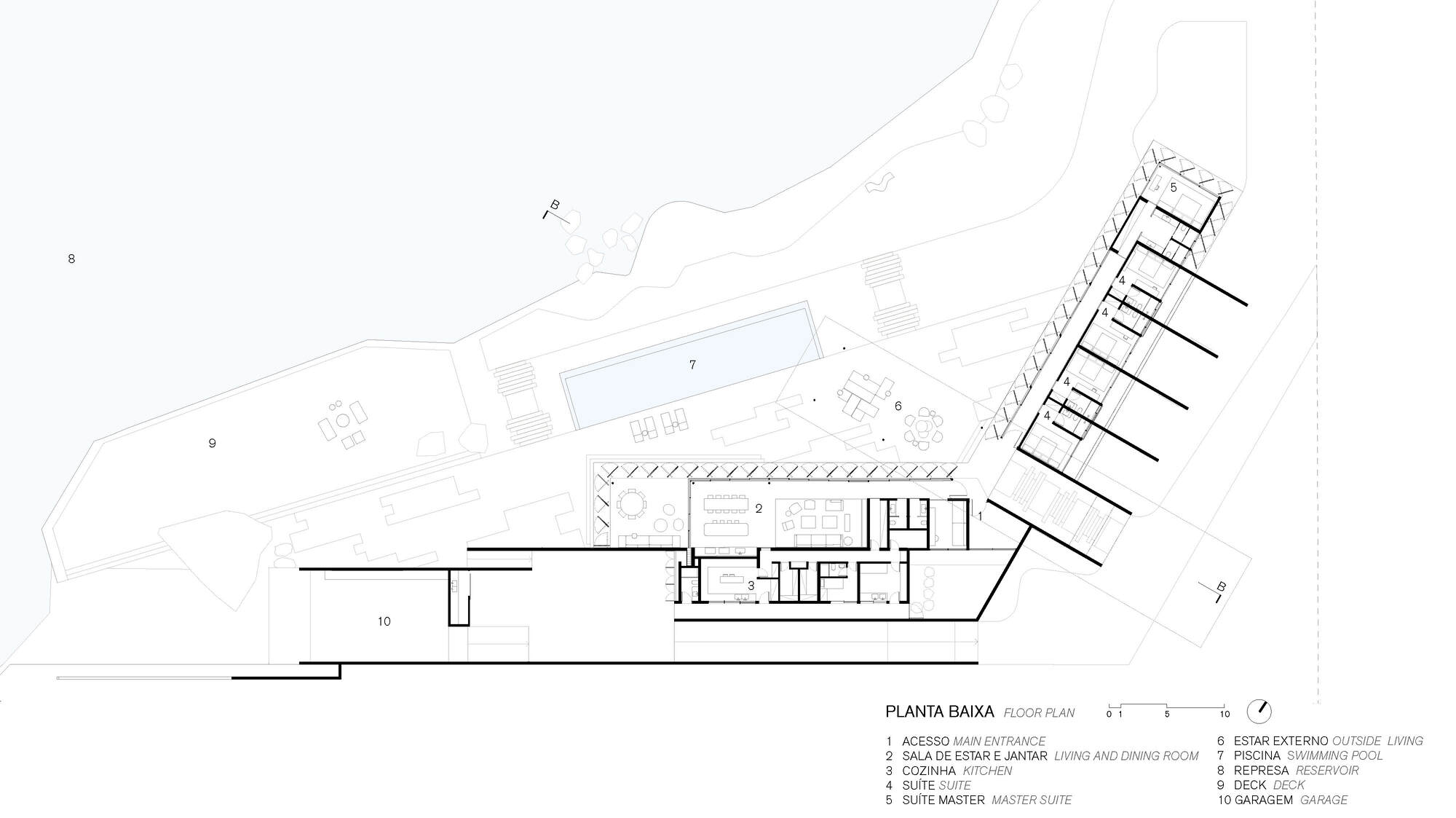 Floor plan drawing showing main living wing with central service core and extended bedroom bar