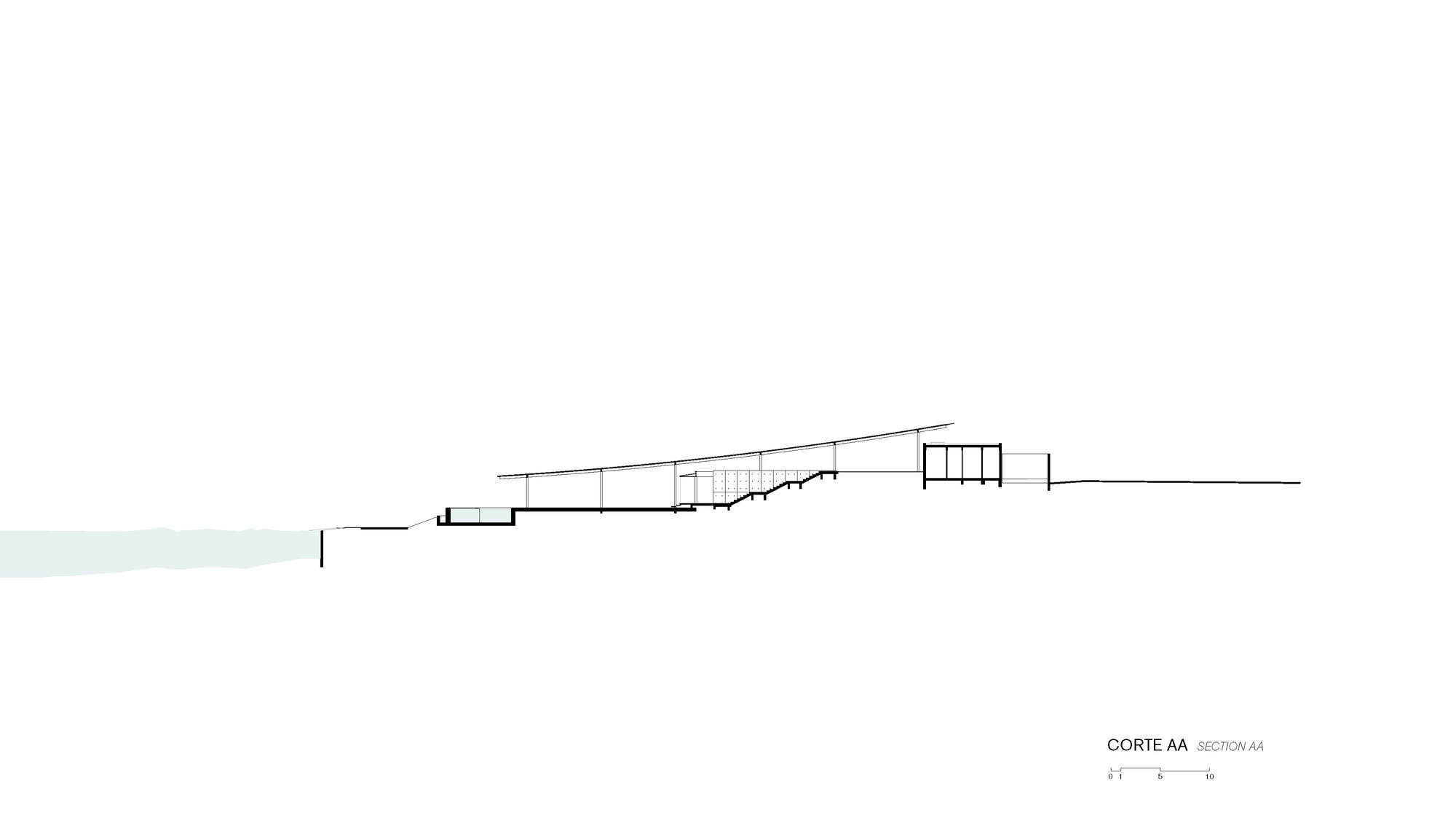 Section drawing showing a building stepping down a sloping terrain with internal volumes at varying levels