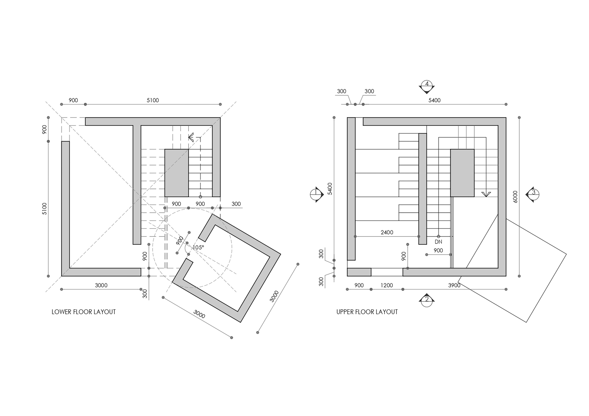 Floor plan drawings showing lower and upper level layouts with central staircase and angled volumes