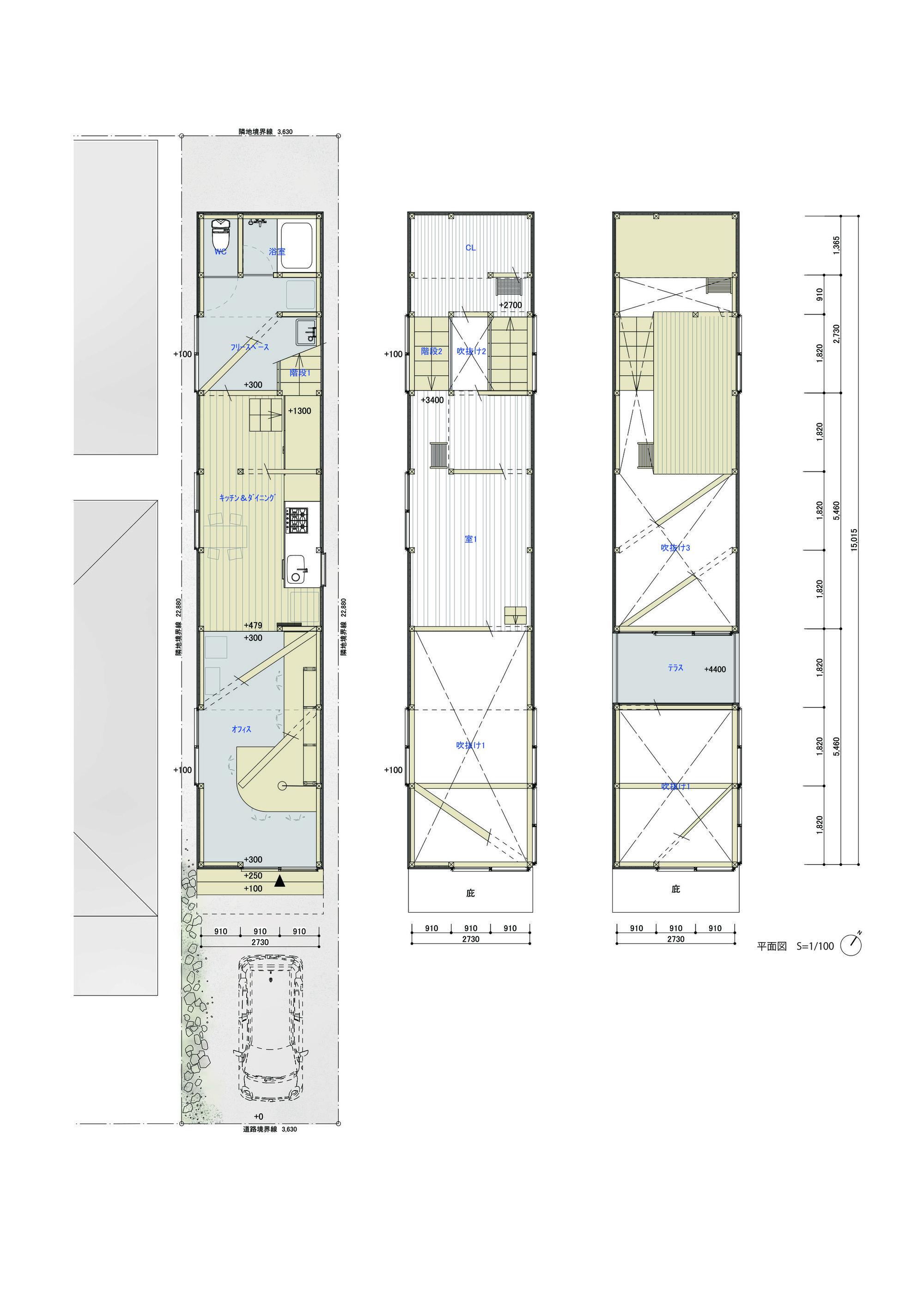 Floor plan drawing showing three levels of a narrow linear house with diagonal stair geometry