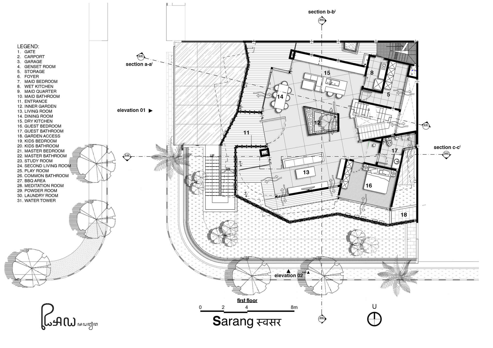 First floor plan drawing showing living areas, dining room, stairs and outdoor terrace
