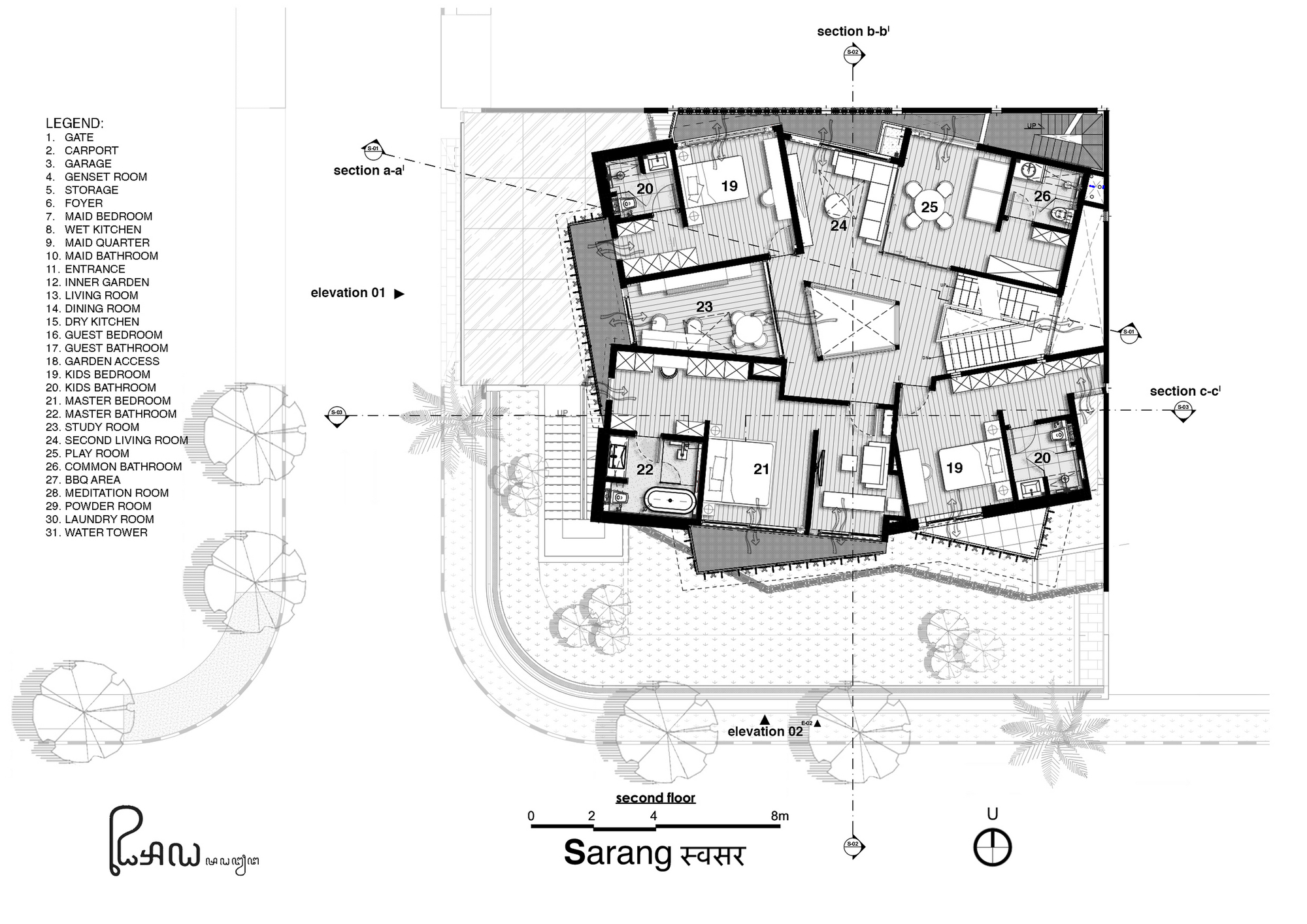 Second floor plan drawing showing bedroom suites, bathrooms and circulation around a central staircase