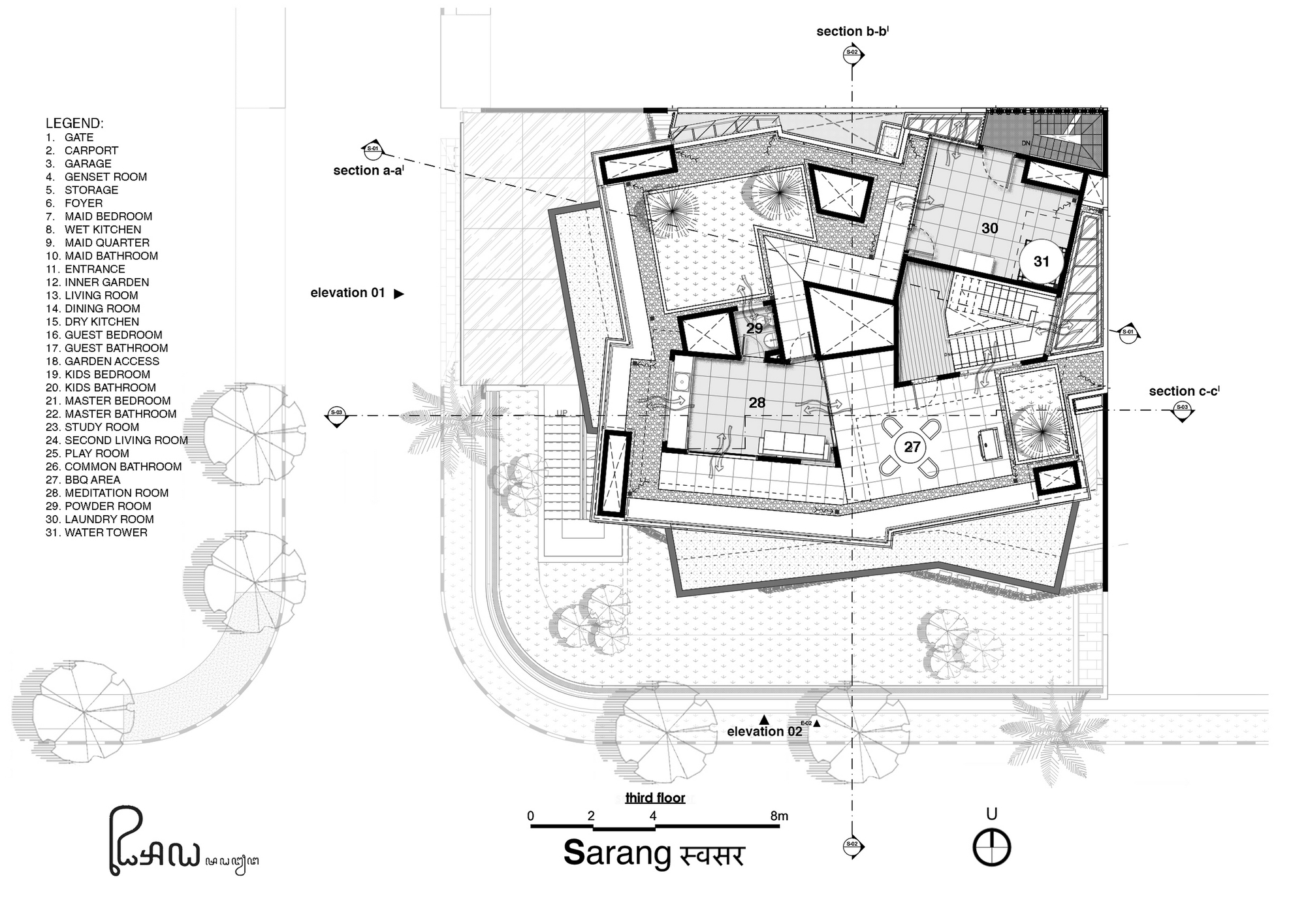 Floor plan drawing showing an angular residence with courtyards and surrounding landscaped areas