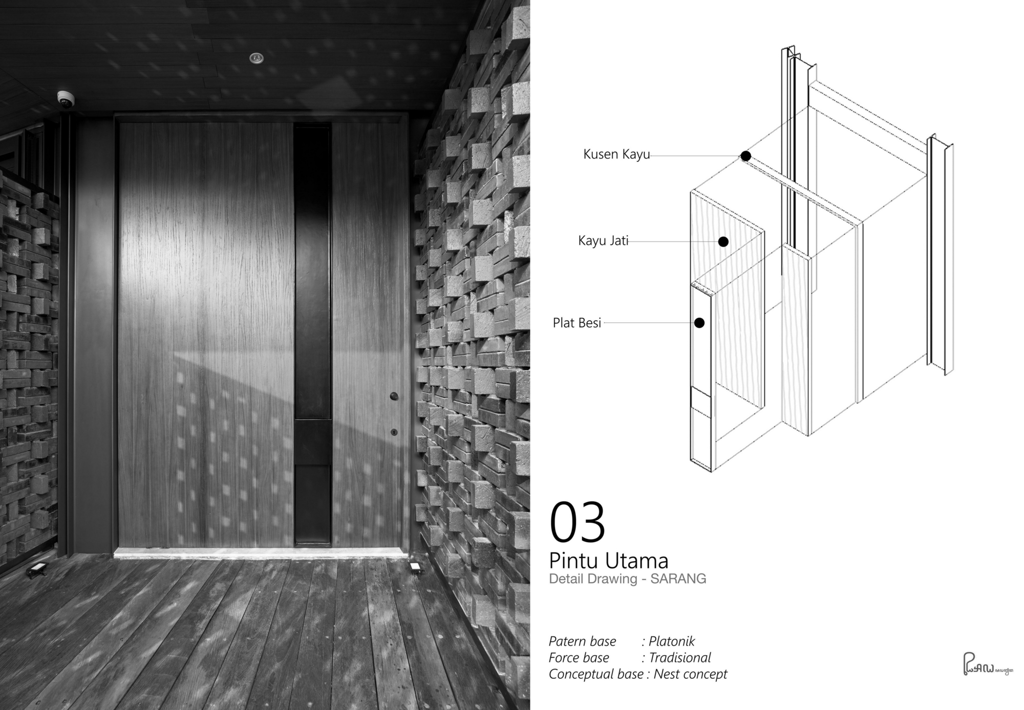 Photograph and exploded axonometric drawing of a timber door assembly with perforated and tempered glass panels