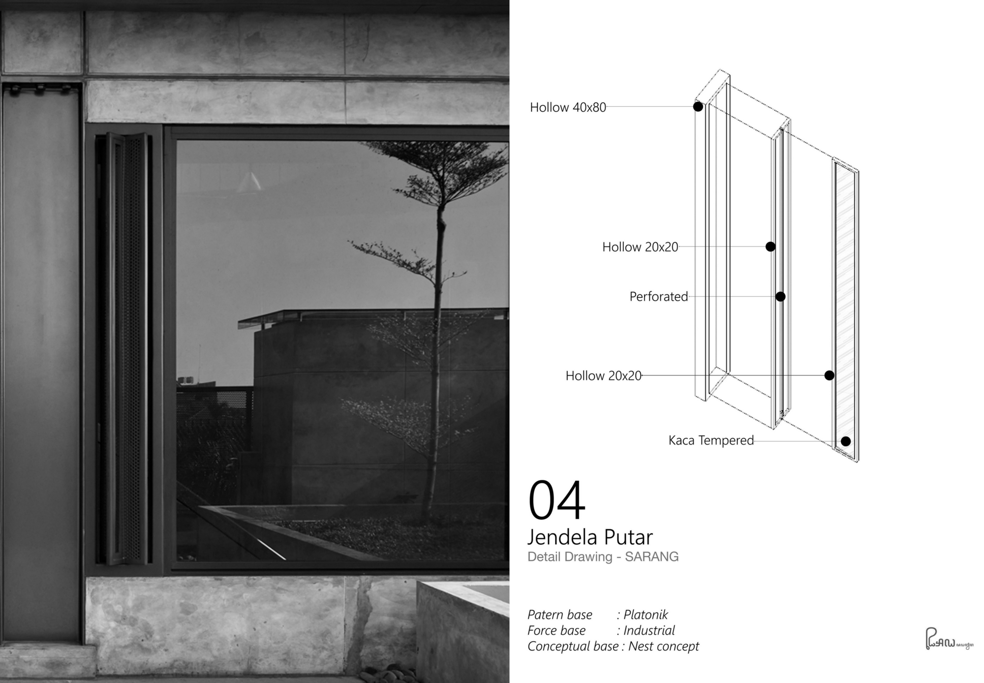 Photograph and exploded axonometric drawing of a window assembly with hollow steel frames and tempered glass