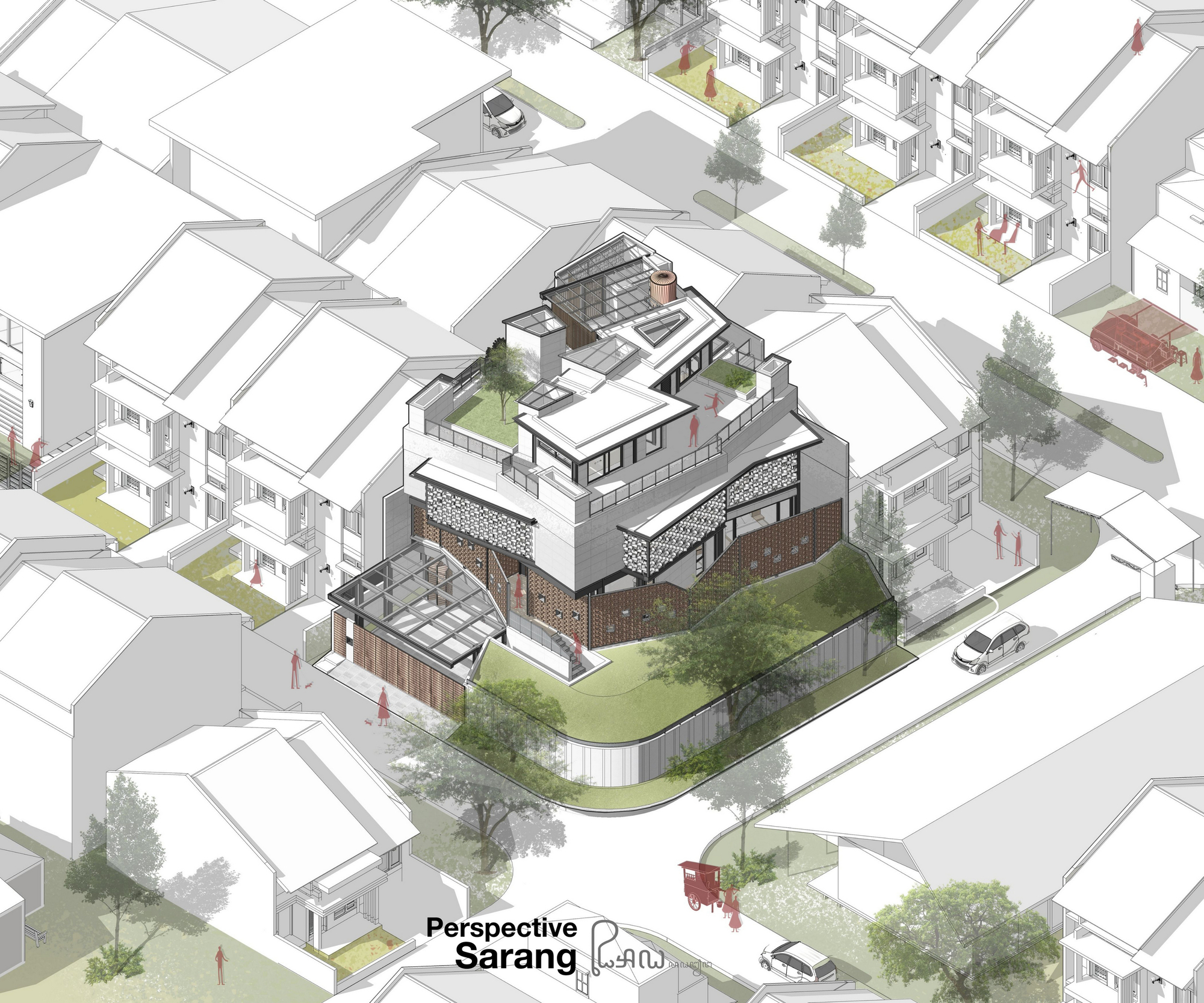 Isometric drawing of a multi-story residence with patterned facades set within a neighborhood of pitched-roof houses