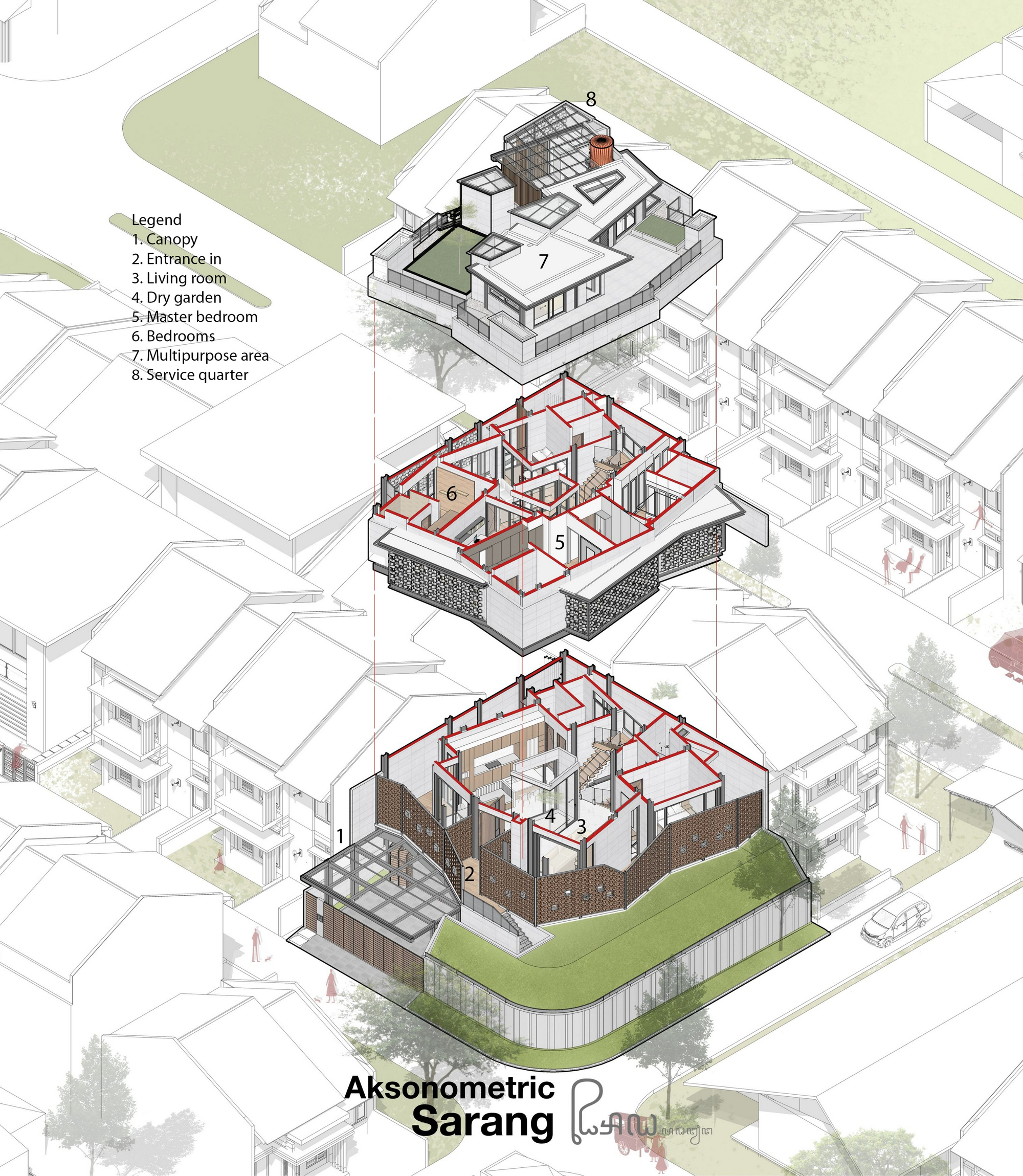 Axonometric drawing showing three stacked residential floor plates with a rooftop garden and surrounding neighborhood context