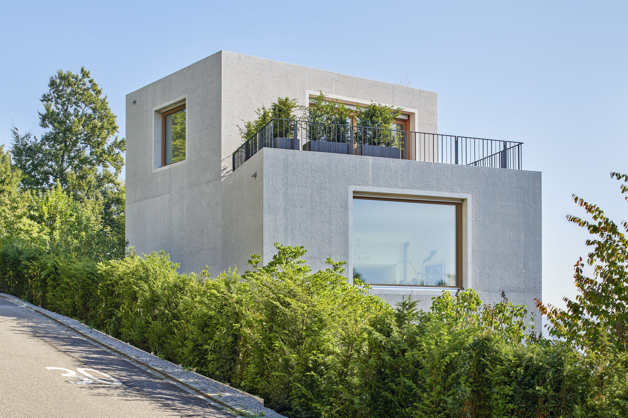 Upper terrace with metal railings and planted containers overlooking a sloped access road