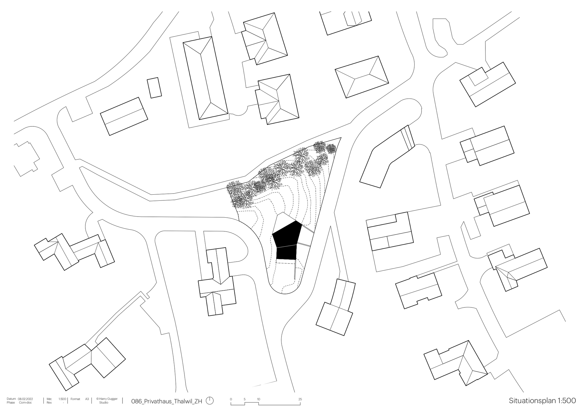 Site plan showing residential building footprint amid curved roads and neighboring structures with landscaping indicated