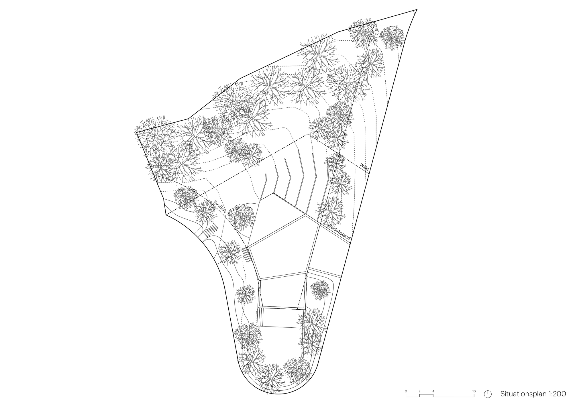 Site plan drawing of triangular lot with contour lines and trees around perimeter