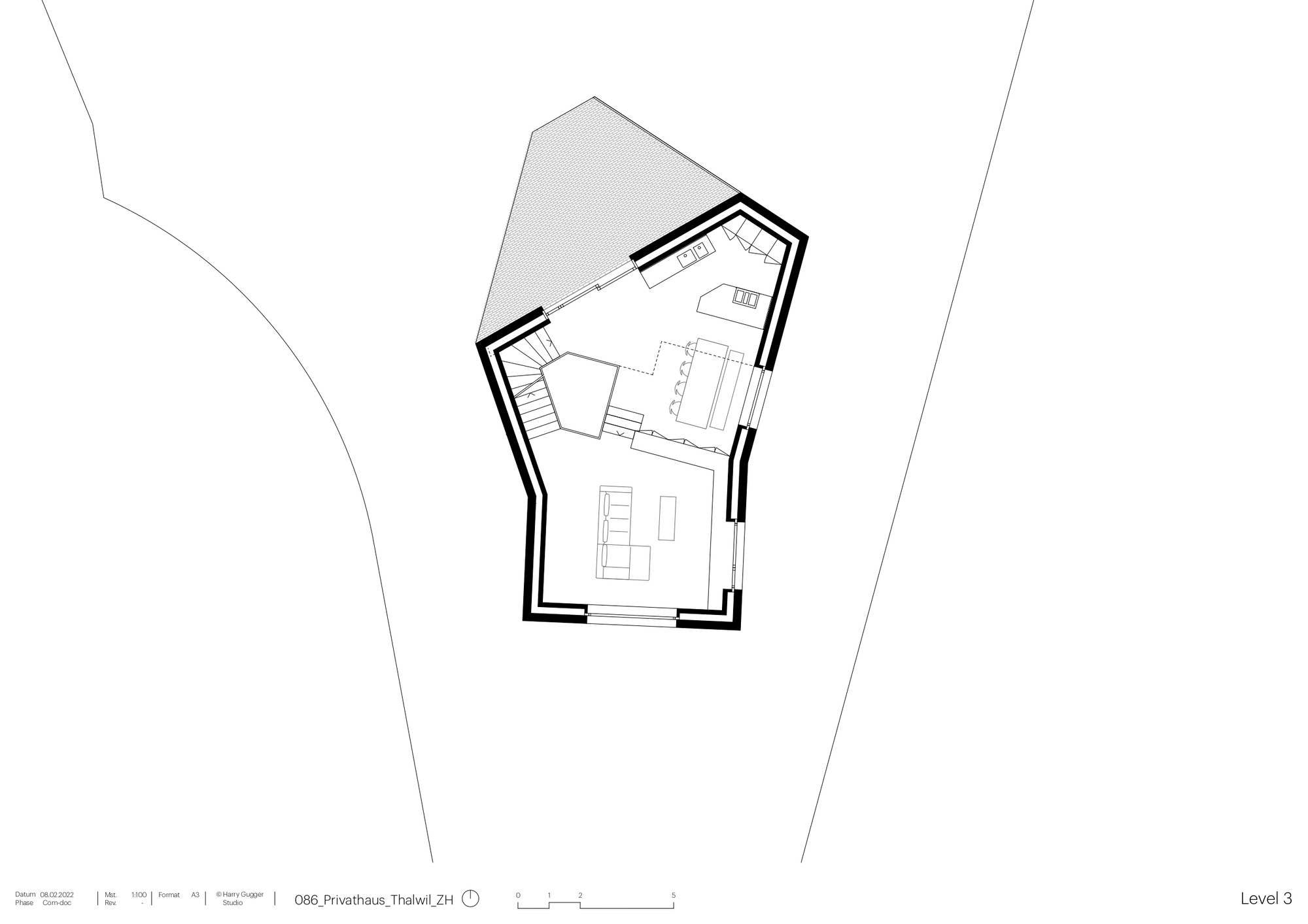 Floor plan drawing showing an angular pentagonal volume with terrace and interior stair