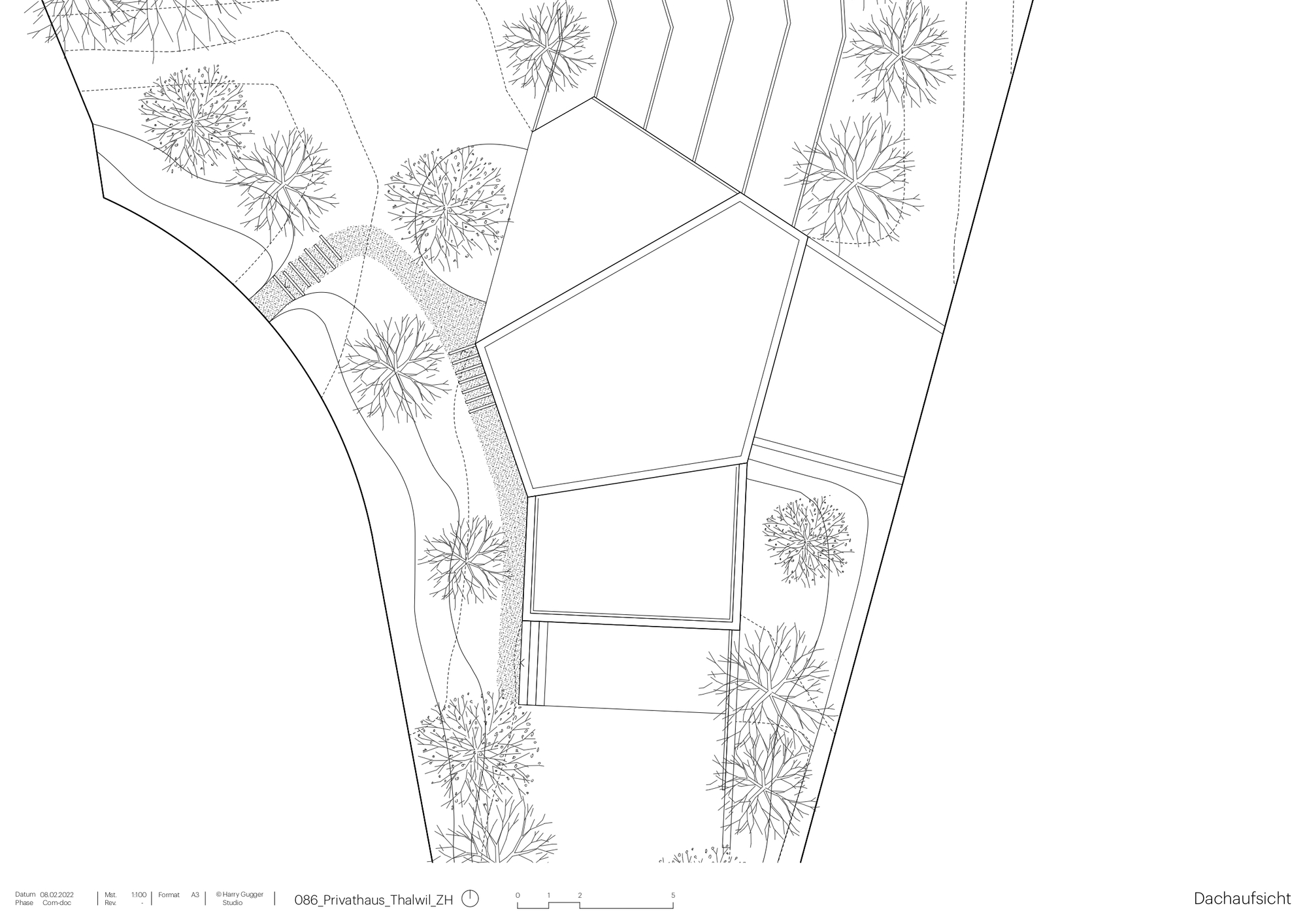 Roof plan drawing showing the pentagonal building outline surrounded by planted trees