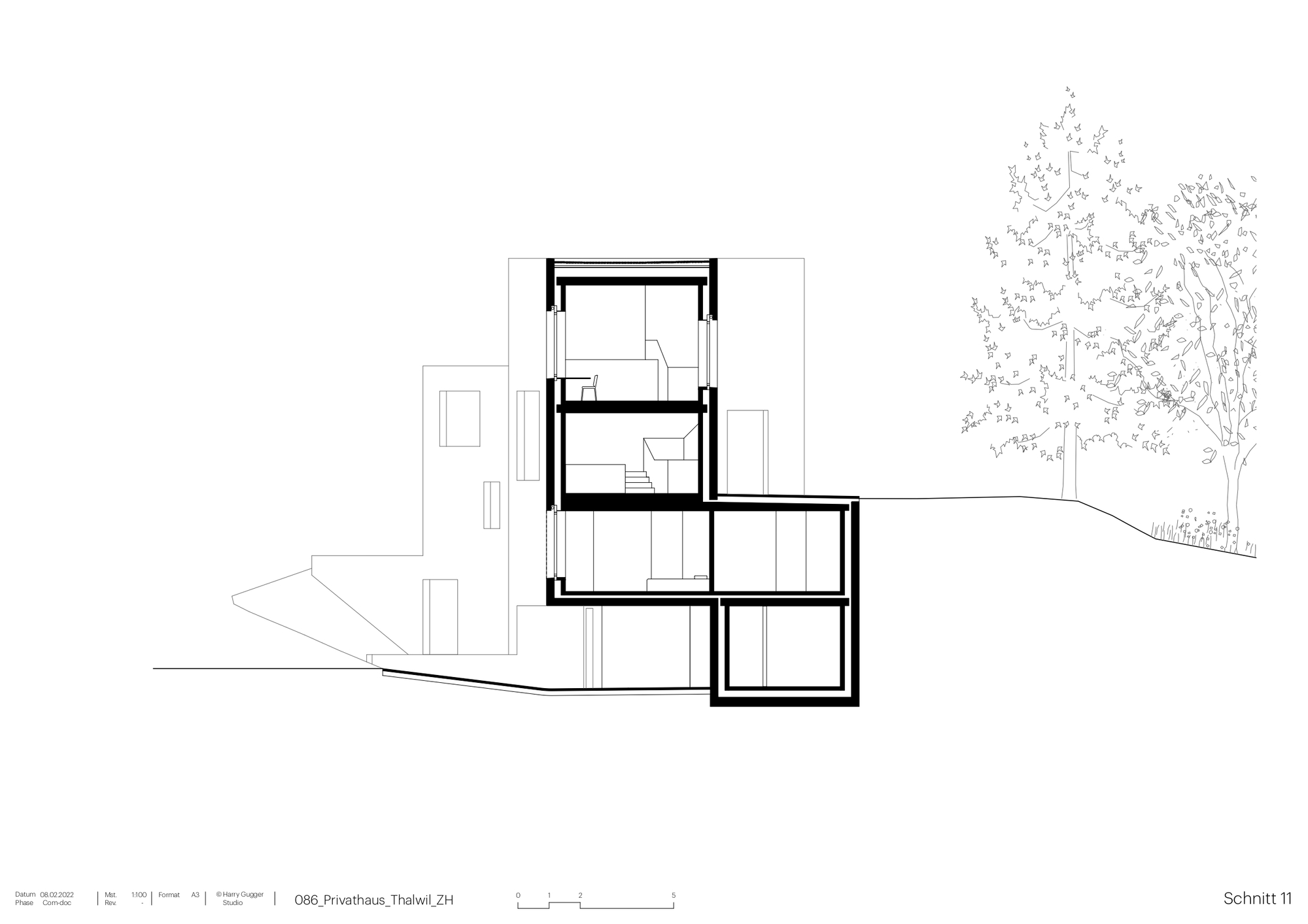 Section drawing showing the cantilevered stacked volumes against the sloping terrain with trees at right