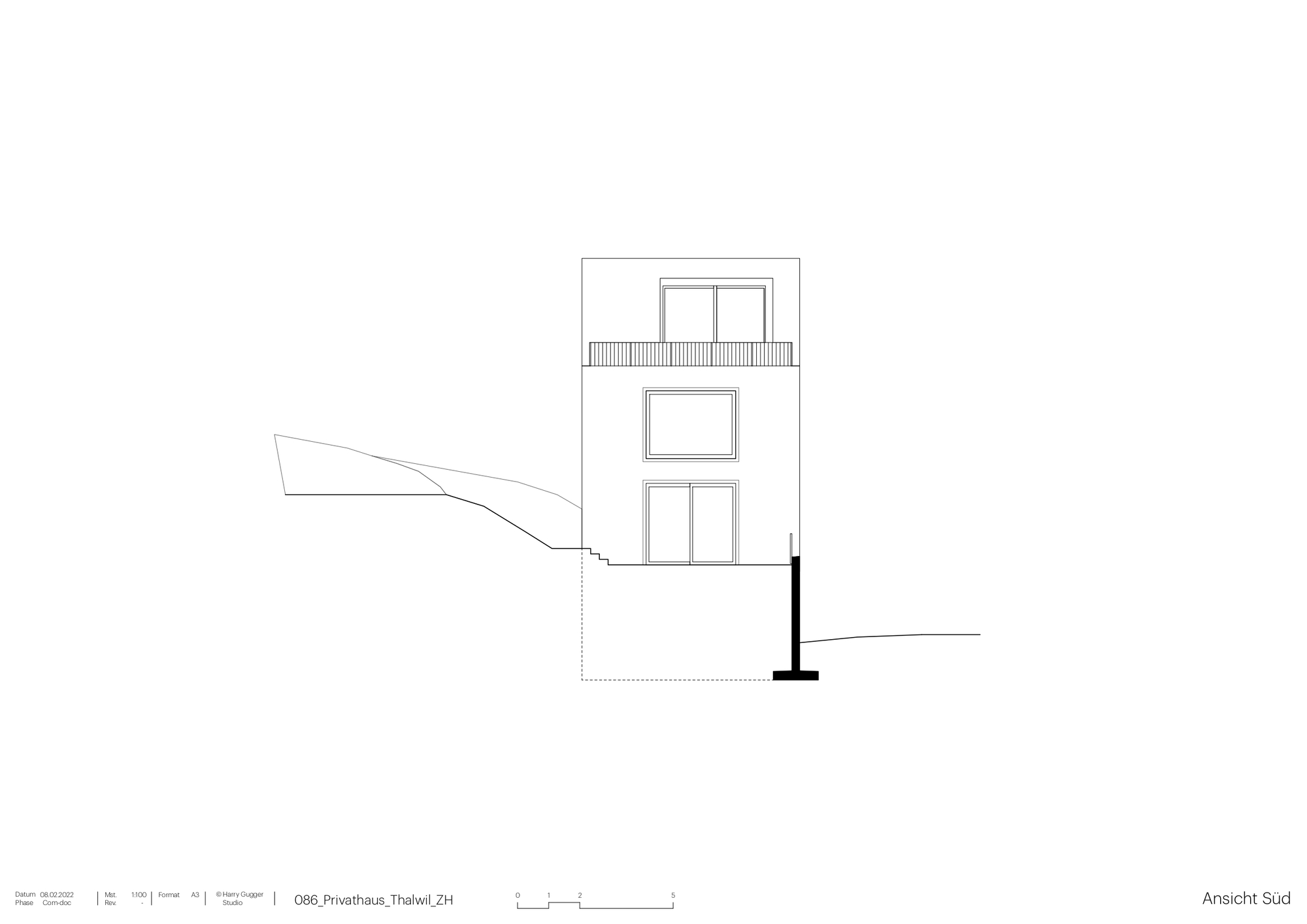 Elevation drawing showing the southern facade with three levels of openings on sloping terrain