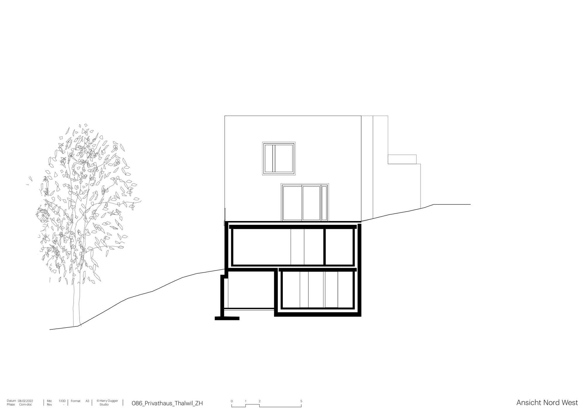 Elevation drawing showing the northwestern facade with split-level interior spaces and a sketched deciduous tree