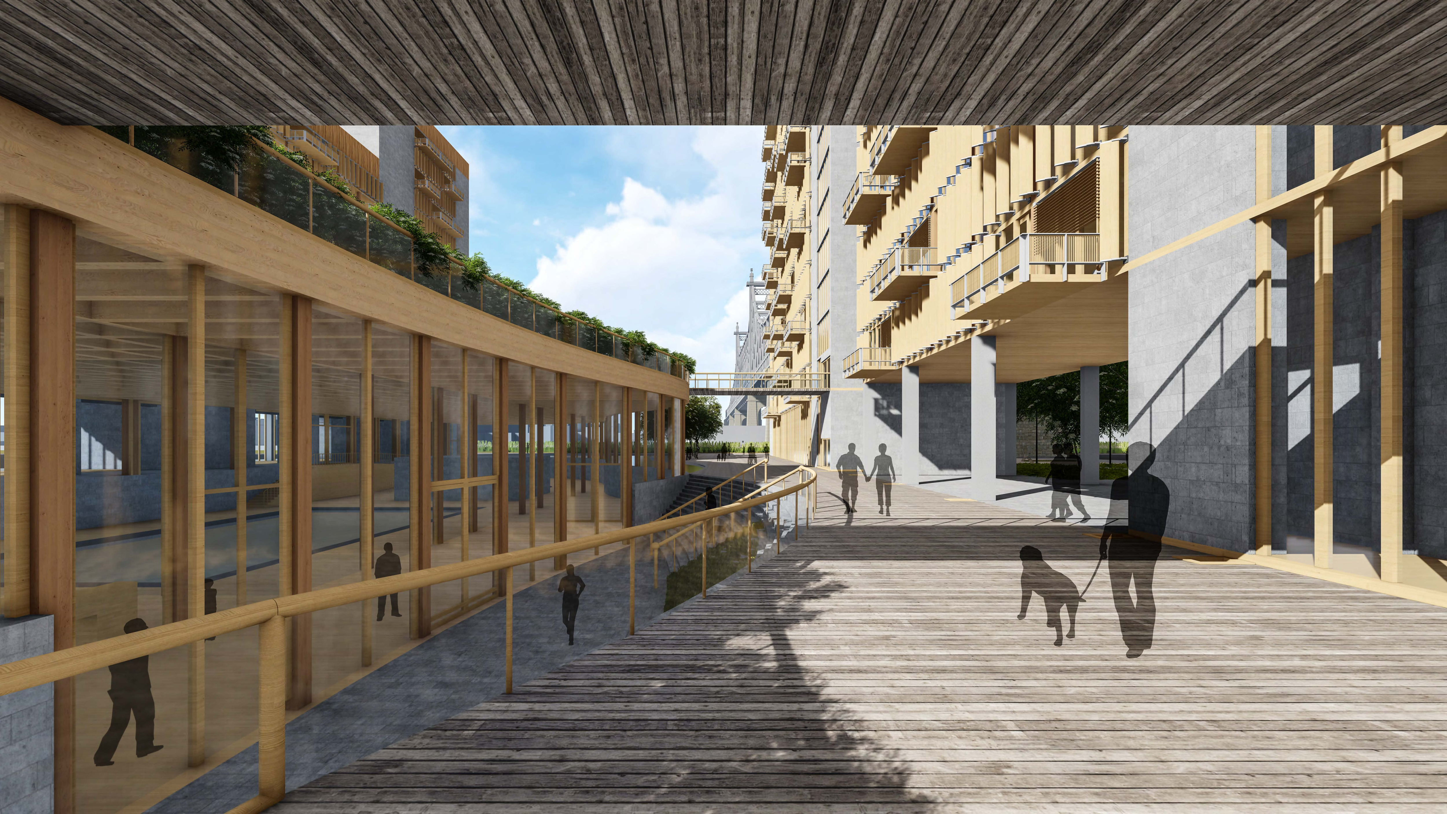 Elevated waterfront promenade connecting housing and community spaces