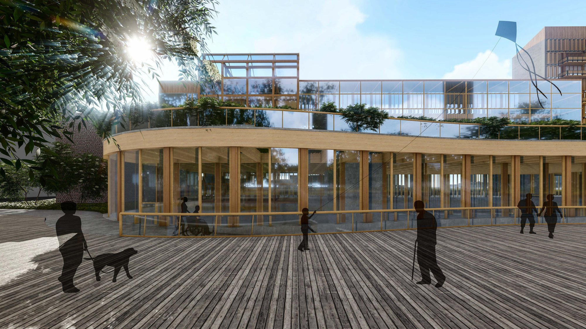 Curved timber pavilion framing social interaction and landscape integration