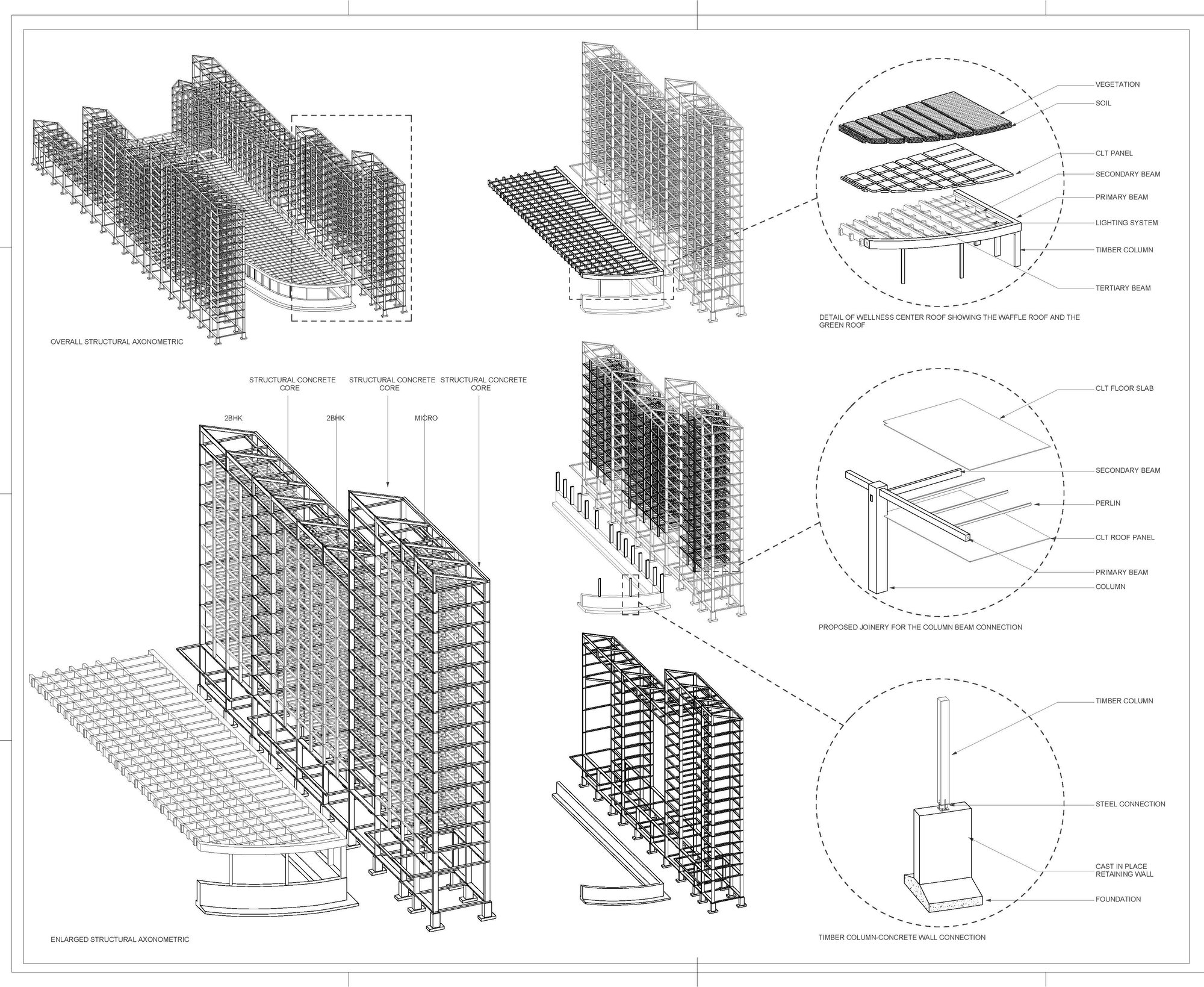 Structural axonometric revealing the modular timber framework system