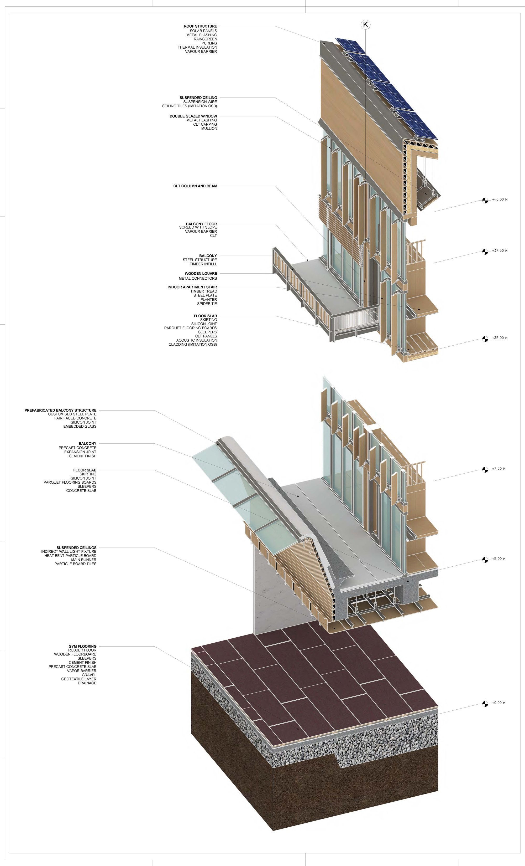 Detailed section illustrating layered timber construction and energy systems