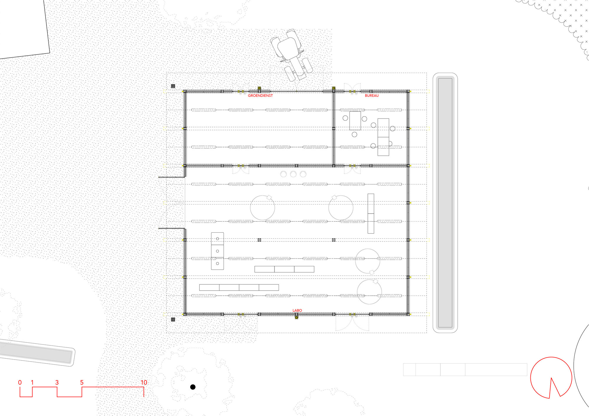 Floor plan drawing showing the interior layout with circulation zones and seating areas