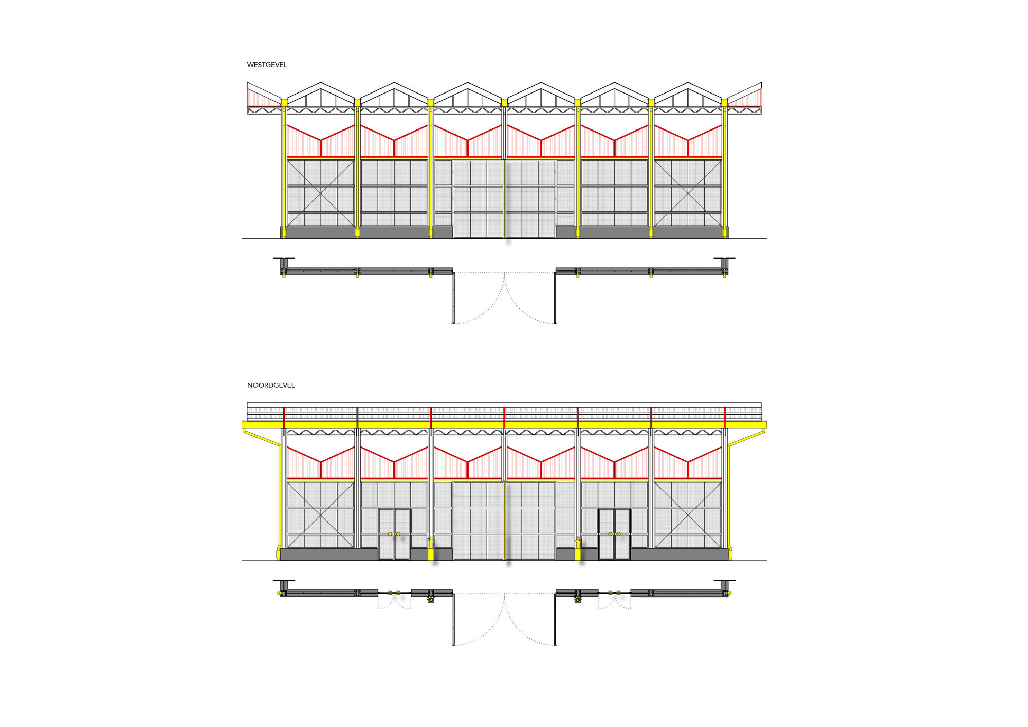 Section drawings showing the sawtooth roof structure and facade system from multiple orientations