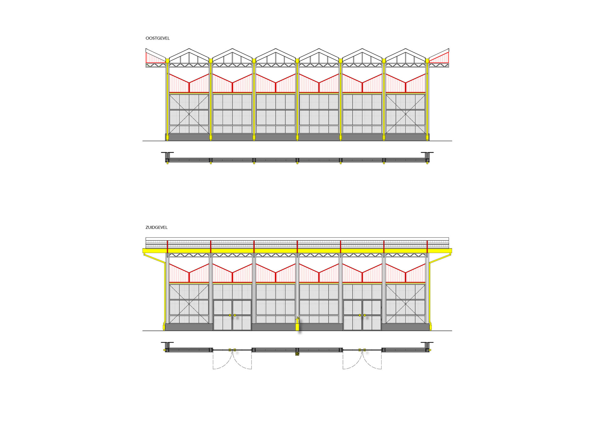 Elevation drawings showing a glass-walled structure with yellow columns and repeating zigzag roof trusses